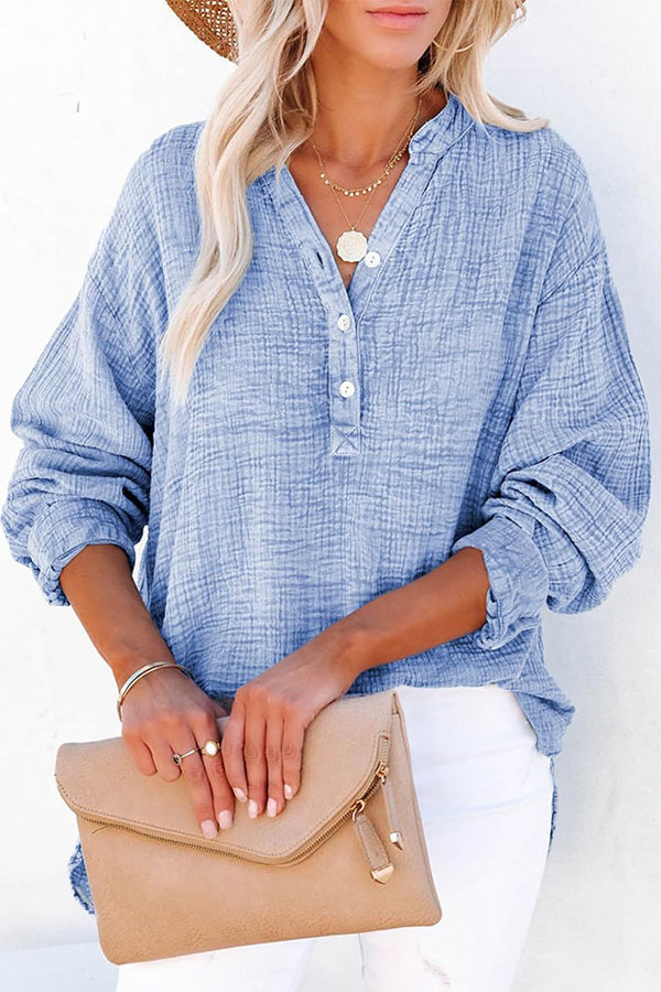 Elegant Solid Color Long Sleeve Pleated Button Loose Blouse for Women | Casual Office Wear & Spring Outfits