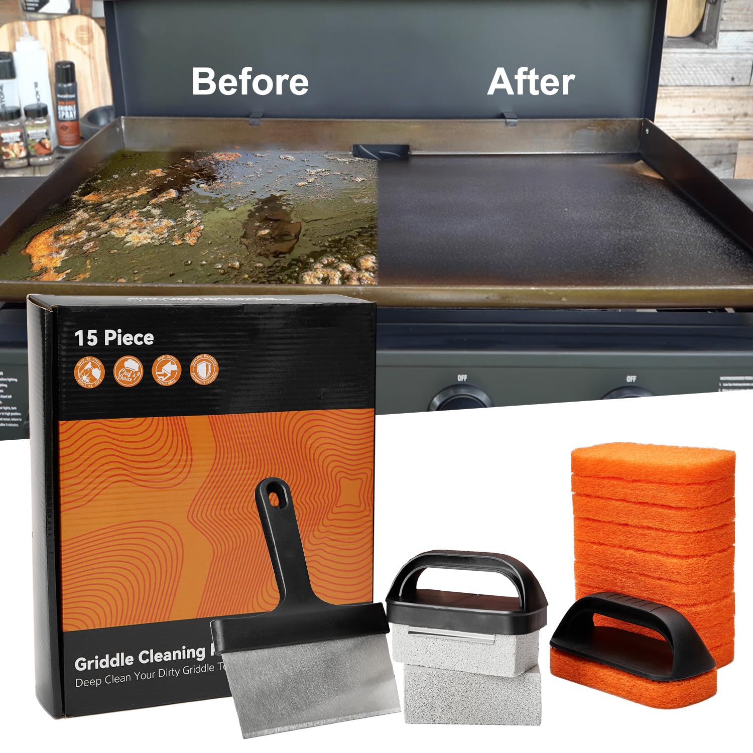 **15-Piece Griddle Cleaning Kit for Blackstone Flat Top Grill - Scraper, Cleaning Brick, Scouring Pads & Handles - Hot & Cold Surface Cleaning - Perfect for Outdoor BBQ, Camping & Backyard Cooking**
