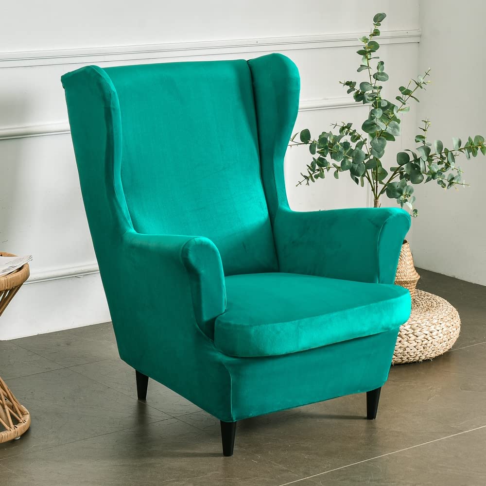 Velvet Stretch Wingback Chair Cover 2-Piece Set with Cushion Cover - Soft Washable Armchair Slipcover for Living Room & Bedroom - MIFXIN Furniture Protector (Green) | Perfect for Home Decor, Reading Nook & Cozy Spaces