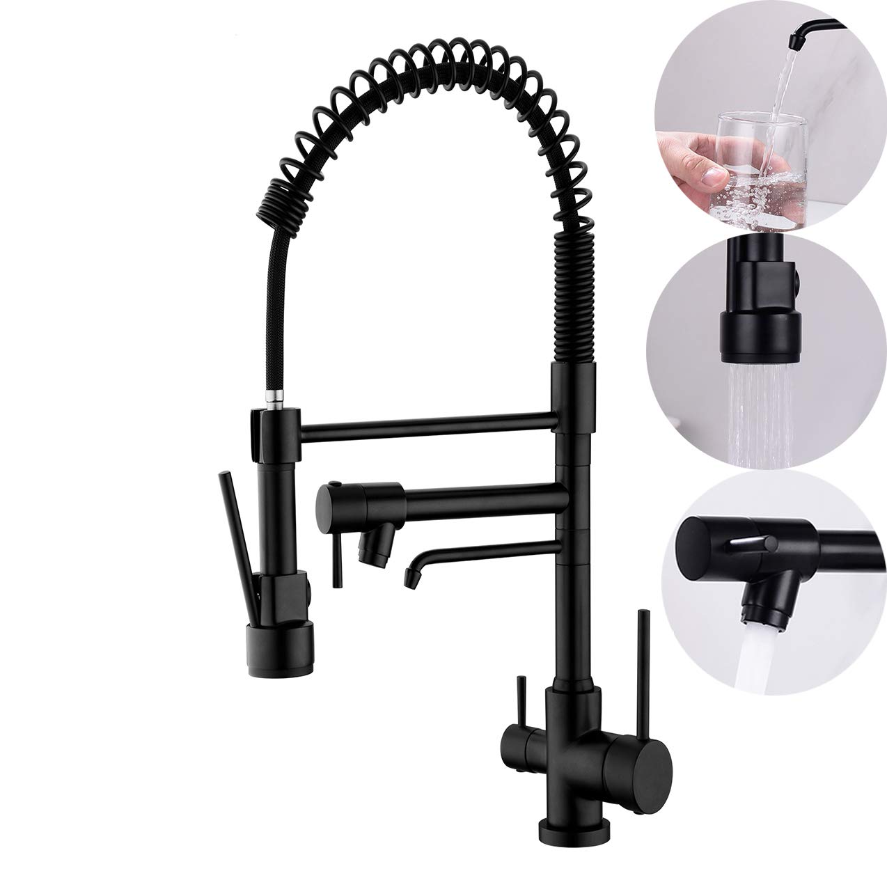 Delle Rosa 3-in-1 High Arc Kitchen Faucet with Pull Down Sprayer & Dual Handles - Matte Black Drinking Water Filter Faucet for Modern Kitchen Sink | Perfect for Cooking, Washing Dishes & Filtered Drinking Water