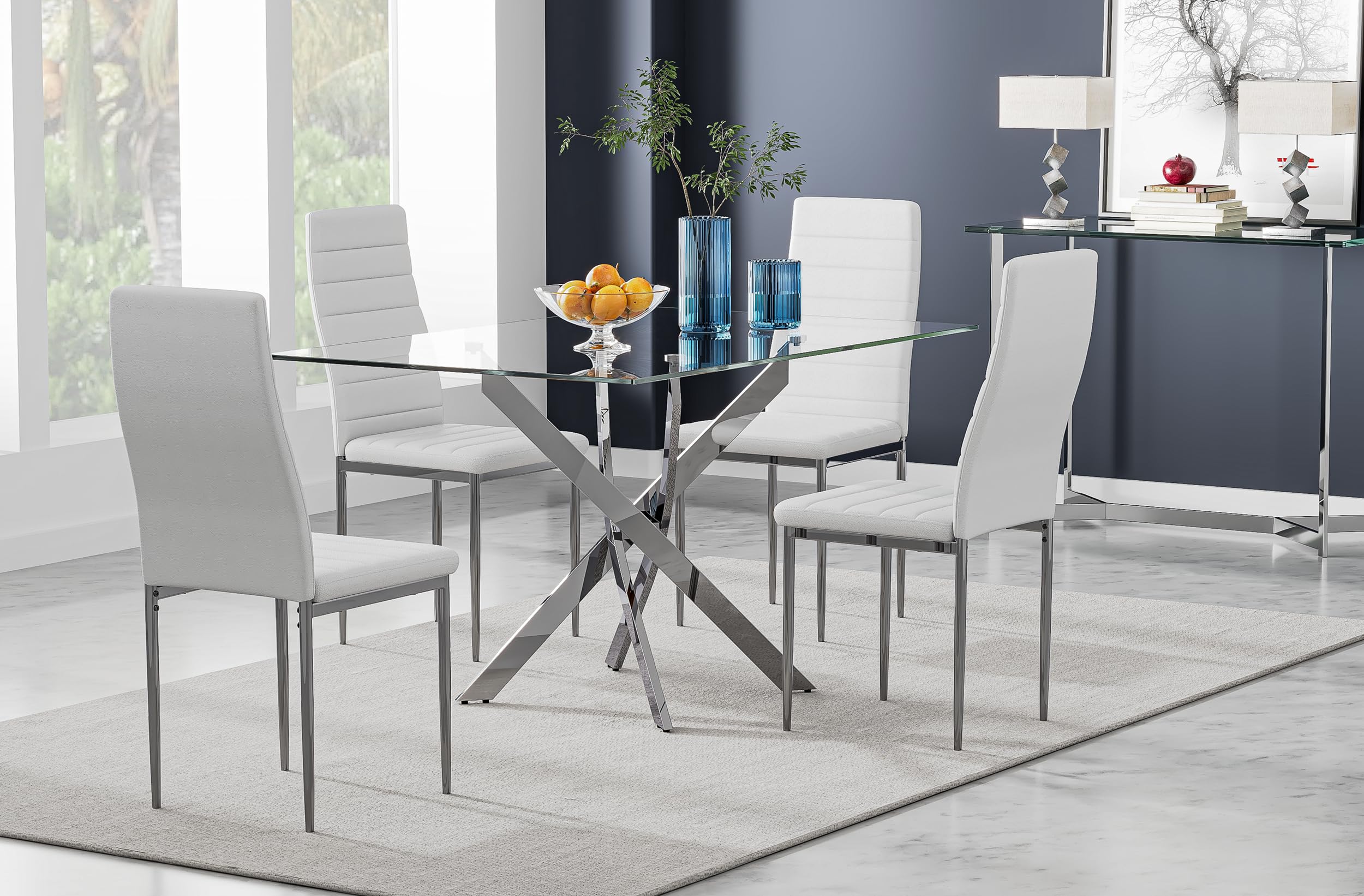 5-Piece Tempered Glass Dining Table Set for 4 with Upholstered Chairs - Modern Kitchen & Dining Room Furniture (Silver Table & White Chairs) | Perfect for Family Meals, Dinner Parties & Small Space Apartments