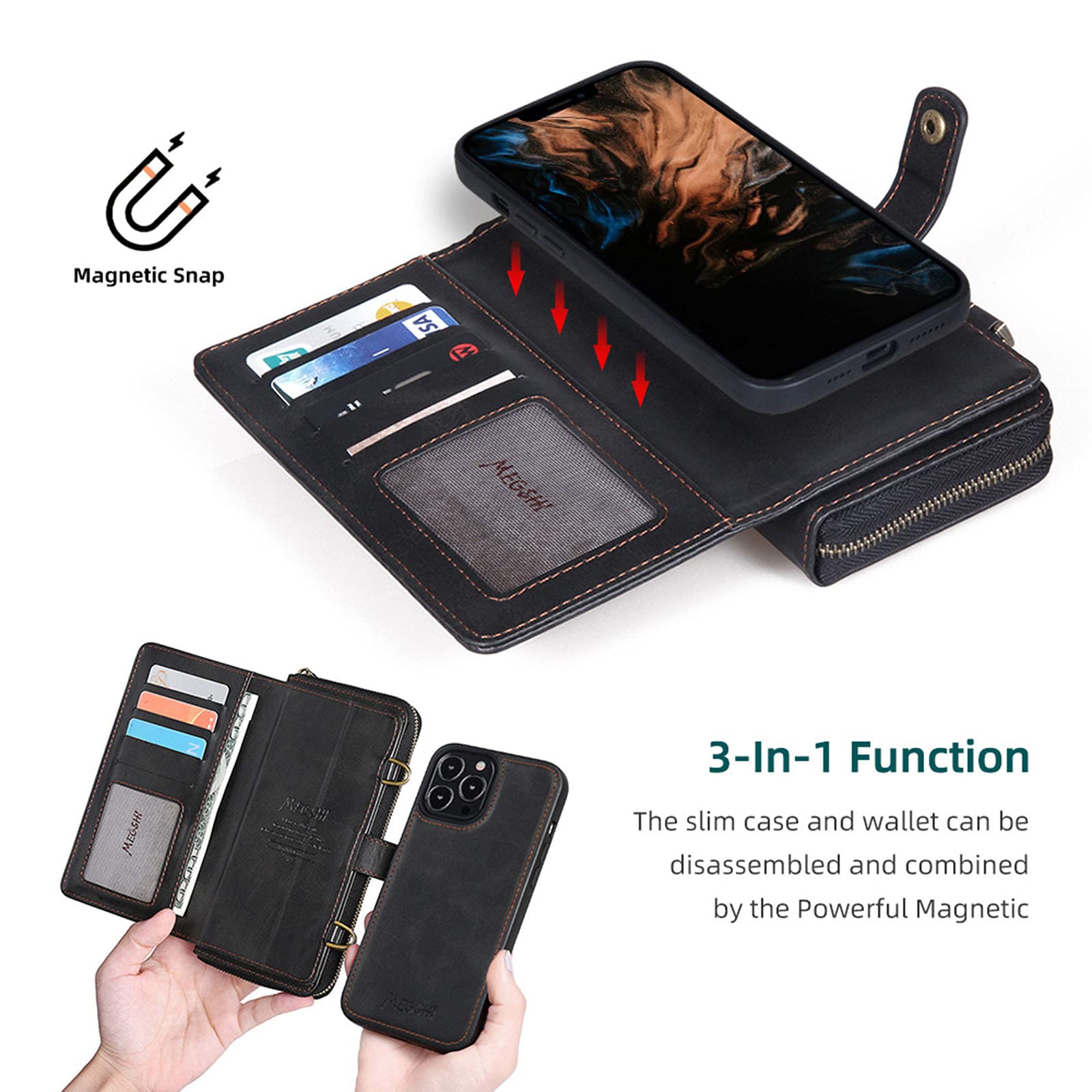 Premium Magnetic Wallet Case for iPhone 13 Mini/Pro/Pro Max - 2-in-1 Protective Cover with 13 Card Slots, 3 Cash Pockets & Zippered Coin Compartment | Secure Magnetic Closure | Ideal for Travel, Work & Everyday Use (Blue)