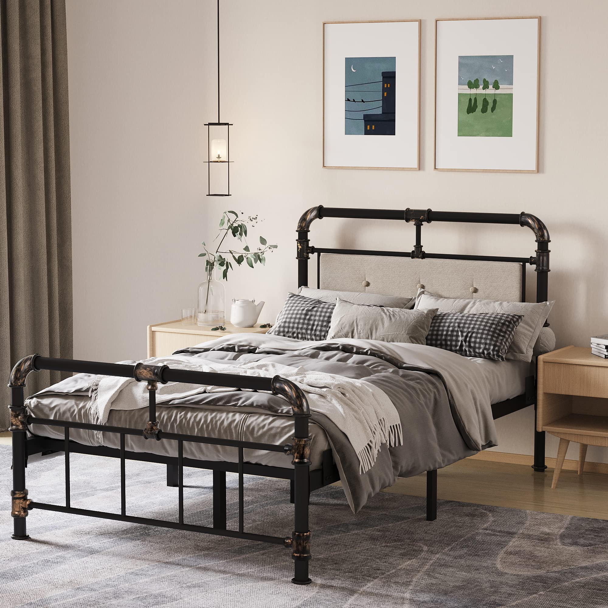 Vintage Metal Bed Frame Twin Size - Heavy Duty Wrought Iron Platform Bed with Headboard & Footboard, No Box Spring Needed, Retro Water Pipe Design - Perfect for Guest Rooms, Dorms & Vintage Bedroom Decor