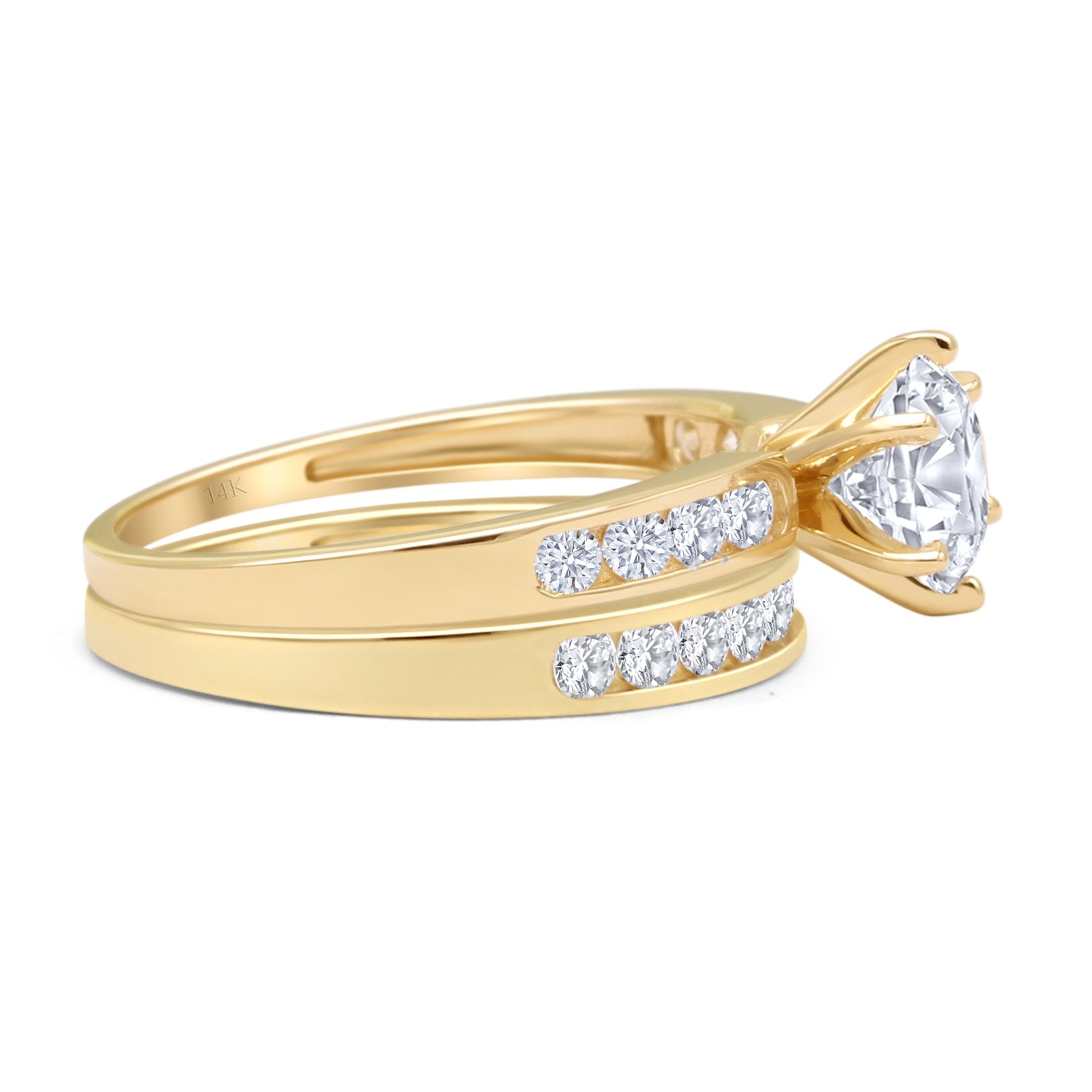 14K Yellow Gold Two Piece Half Eternity Band Round Moissanite Cathedral Ring for Wedding, Engagement, Anniversary Gift - Stackable Bridal Jewelry Set