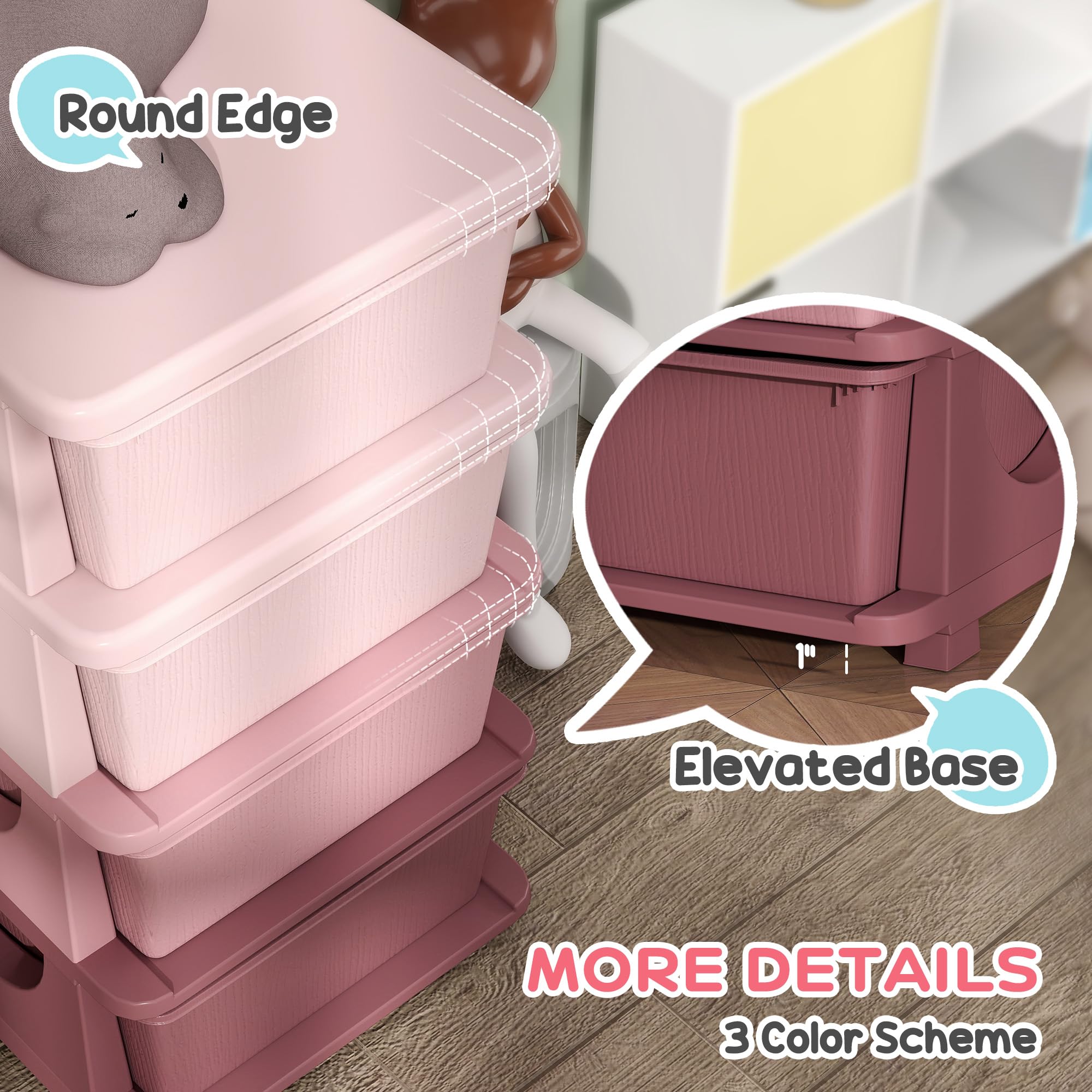 Qaba 4-Tier Kids Storage Unit with 4 Drawers - Toy Organizer with Plastic Bins for Bedroom, Nursery & Kindergarten - Space-Saving Storage Solution for Boys, Girls & Toddlers (Pink) - Perfect for Organizing Toys, Books & Clothes in Kids' Rooms & Play Areas