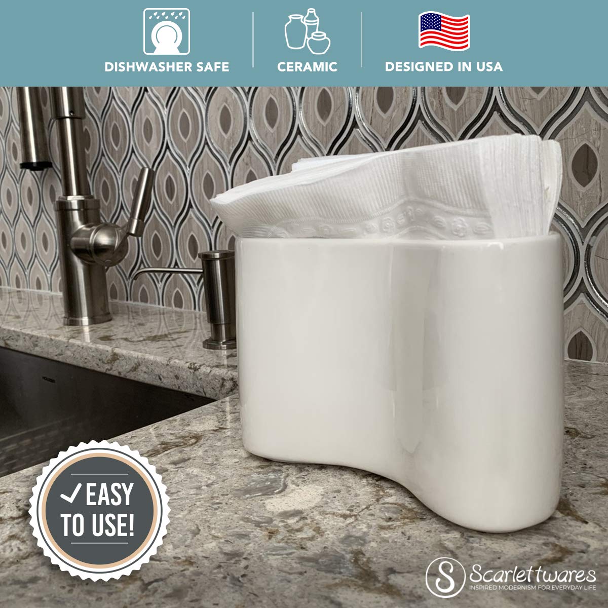 Ceramic Napkin Holder - Modern Farmhouse White Upright Stand for Table Kitchen, Paper & Linen Cloth Napkins | Compact, Stylish & Sturdy | Perfect for Dining Room, Kitchen Counter & Farmhouse Decor
