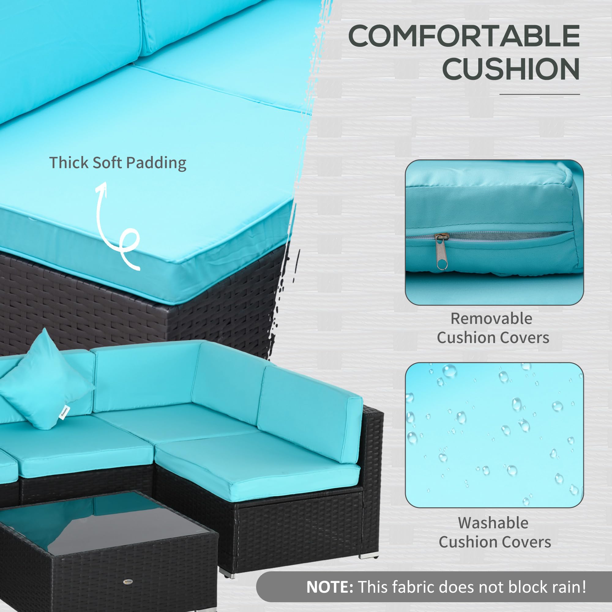 Outsunny 7-Piece All-Weather PE Rattan Patio Furniture Set, Outdoor Wicker Sectional Sofa with Cushions & Tempered Glass Table - Turquoise - Perfect for Garden, Backyard, Poolside & Patio Relaxation