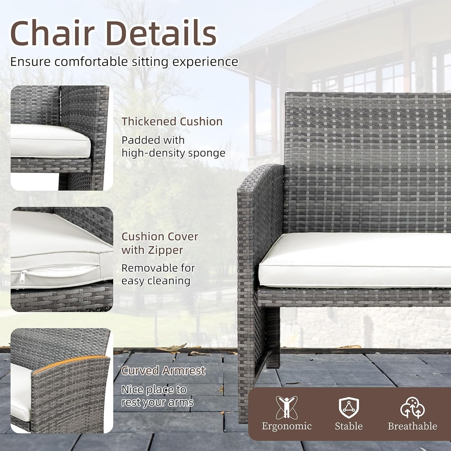 Shintenchi 4-Piece Gray Wicker Outdoor Patio Furniture Set with Weather-Resistant Cushions & Tempered Glass Tabletop - Rattan Conversation Set for Garden, Poolside or Backyard Relaxation