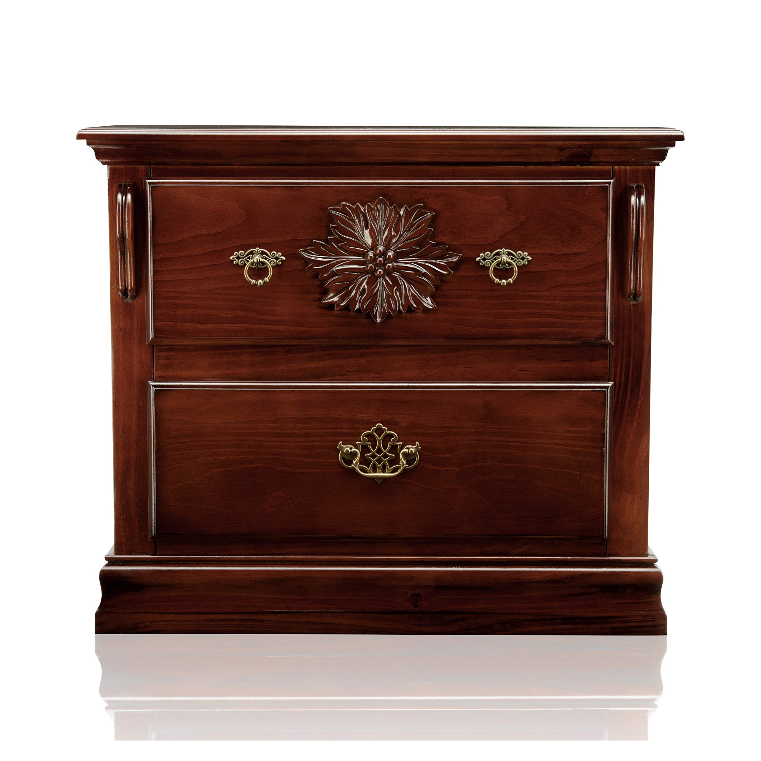 24/7 Shop at Home Vignetta Traditional Queen Bed Frame with 2 Nightstands Set - Glossy Dark Pine Finish - Perfect for Master Bedroom, Guest Room & Cozy Home Decor