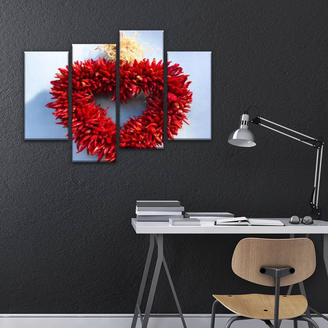 Santa Fe Style Chili Pepper Ristra Heart Shaped Wreath Wall Art - Blue Modern Canvas Painting (4 Panels) - Stretched & Framed Artwork for Living Room, Office, Home Decor - Perfect Southwestern Gift for Kitchen, Dining Room & Entryway