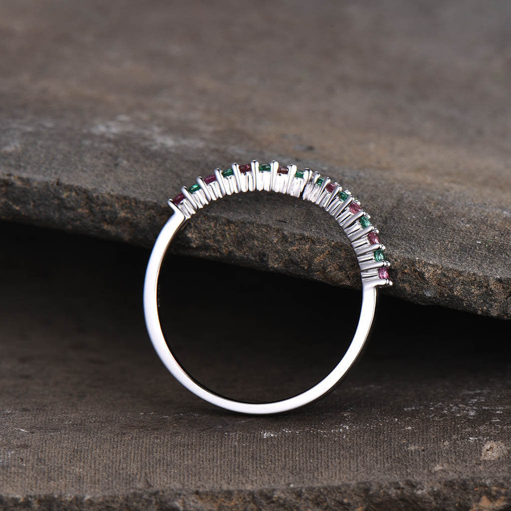14K/18K Custom Pink Tourmaline & Emerald White Gold Curved Wedding Band Ring for Women - Elegant Bridal Jewelry, Anniversary Gift, Engagement Ring for Her