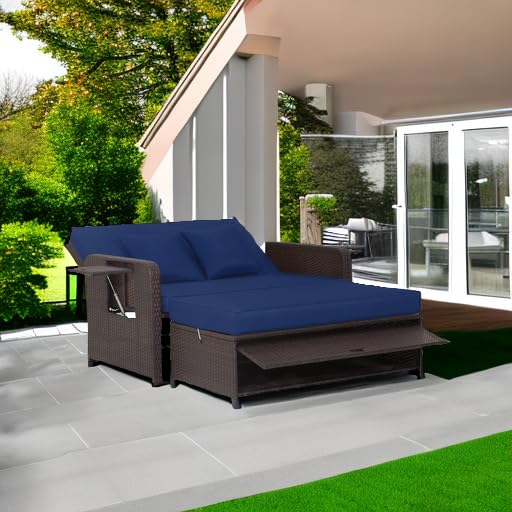 Tangkula Outdoor Rattan Daybed Set with Adjustable Backrest - Wicker Loveseat Sofa, Ottoman & Side Tray - Includes Storage Footstool & Cushions (Navy) - Perfect for Patio, Garden, Poolside & Backyard Relaxation