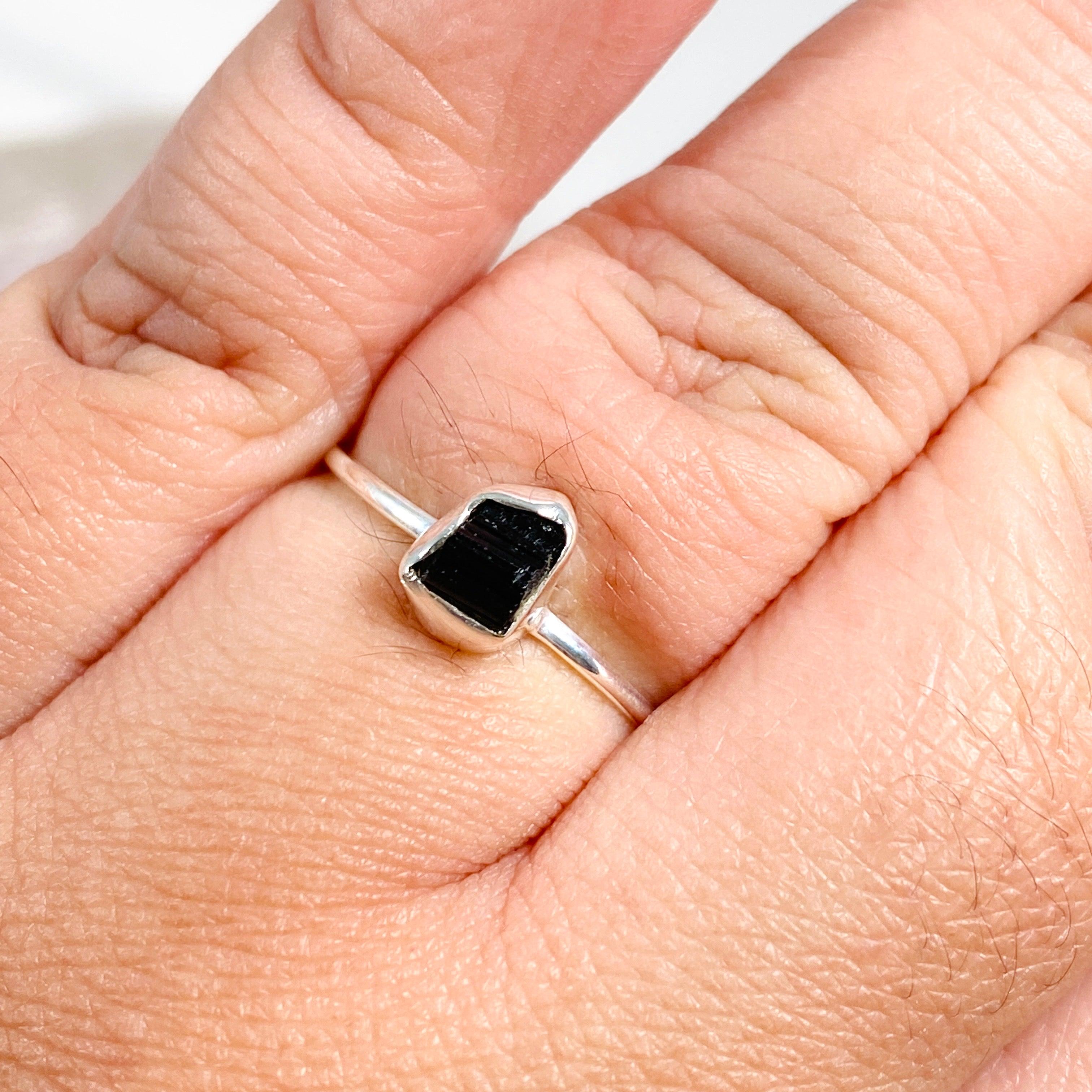 Black Tourmaline Raw Crystal Ring for Women - Natural Stone Fine Band Jewelry R3701 BT - Perfect for Healing, Protection & Everyday Wear