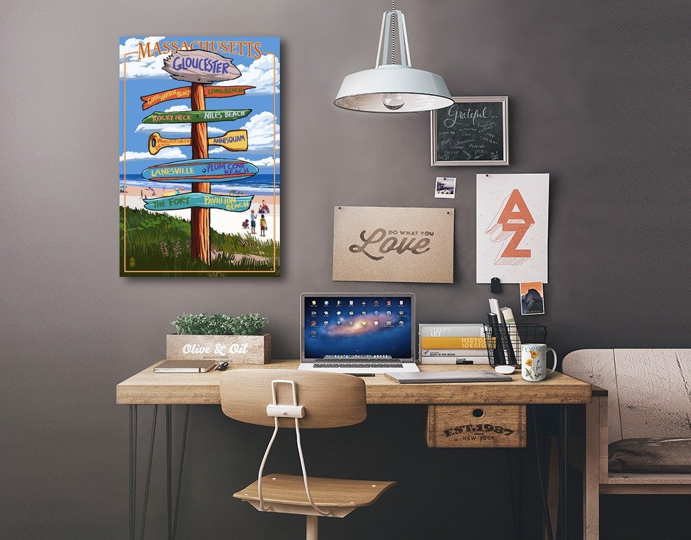 Lantern Press Gloucester Massachusetts Sign Destinations Wall Art - 16x24 Wrapped Canvas Print for Coastal Home Decor, Beach House Living Room & Office Wall Decor