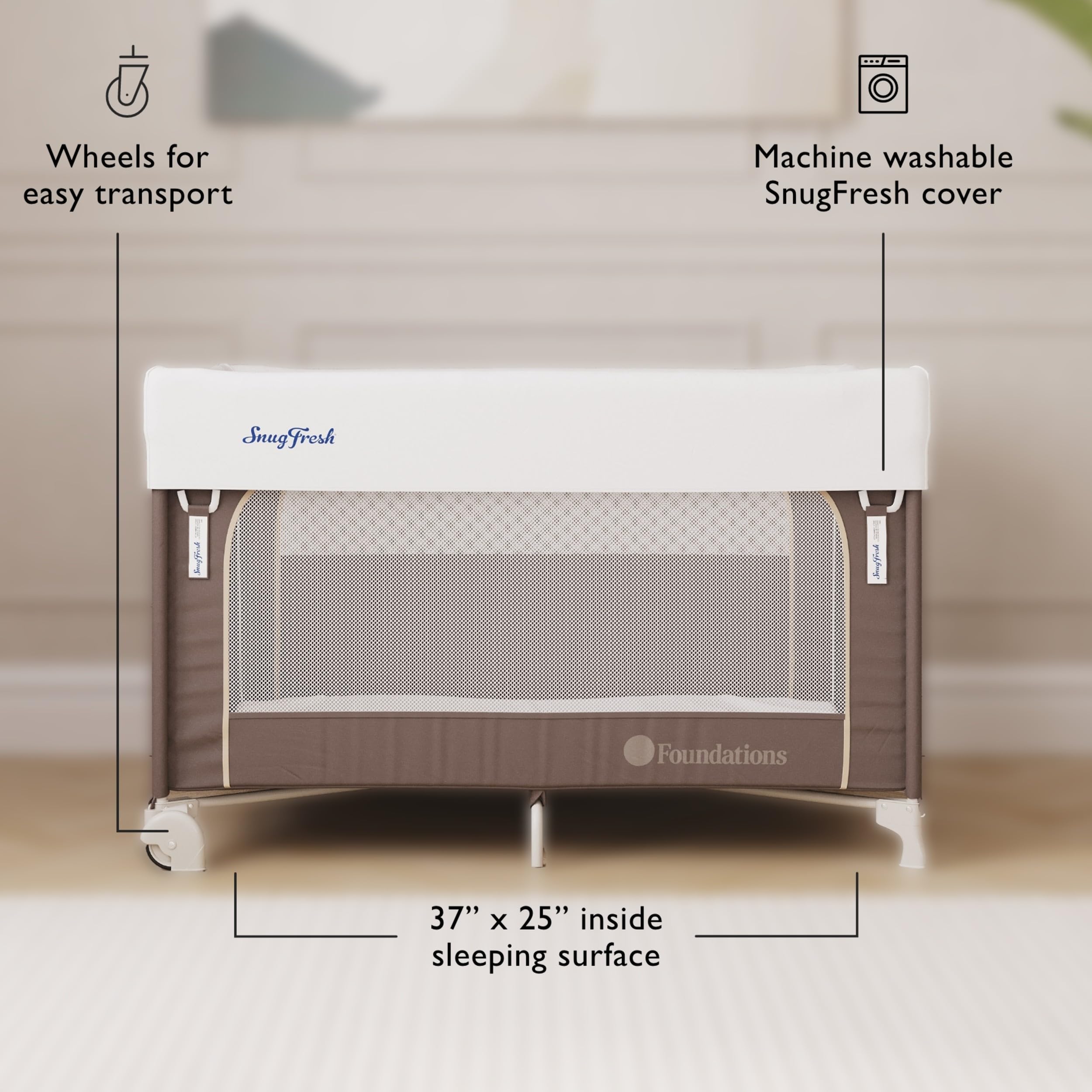 Foundations SnugFresh Elite Baby Play Yard with Wheels - Portable Playpen for Toddlers & Infants | Washable Cover, Foldable Design & Travel Mattress Included | Perfect for Home, Daycare & Travel - Sahara