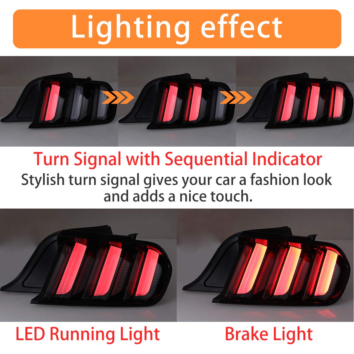 AUTOWIKI LED Tail Lights for 2015-2020 Ford Mustang - Sequential Turn Signals, Black Housing, Clear Lens (2PCS) - Upgrade Your Ride with Enhanced Visibility & Style