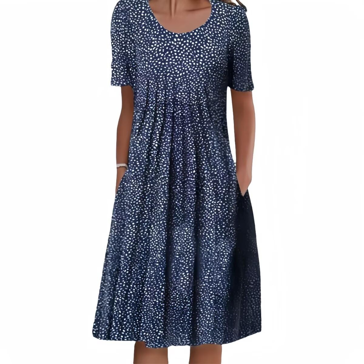 Boho Floral Sun Dress for Women 2024 - Pleated Crew Neck Short Sleeve Midi Dress with Pockets | Perfect for Beach Vacations, Summer Parties & Casual Outings