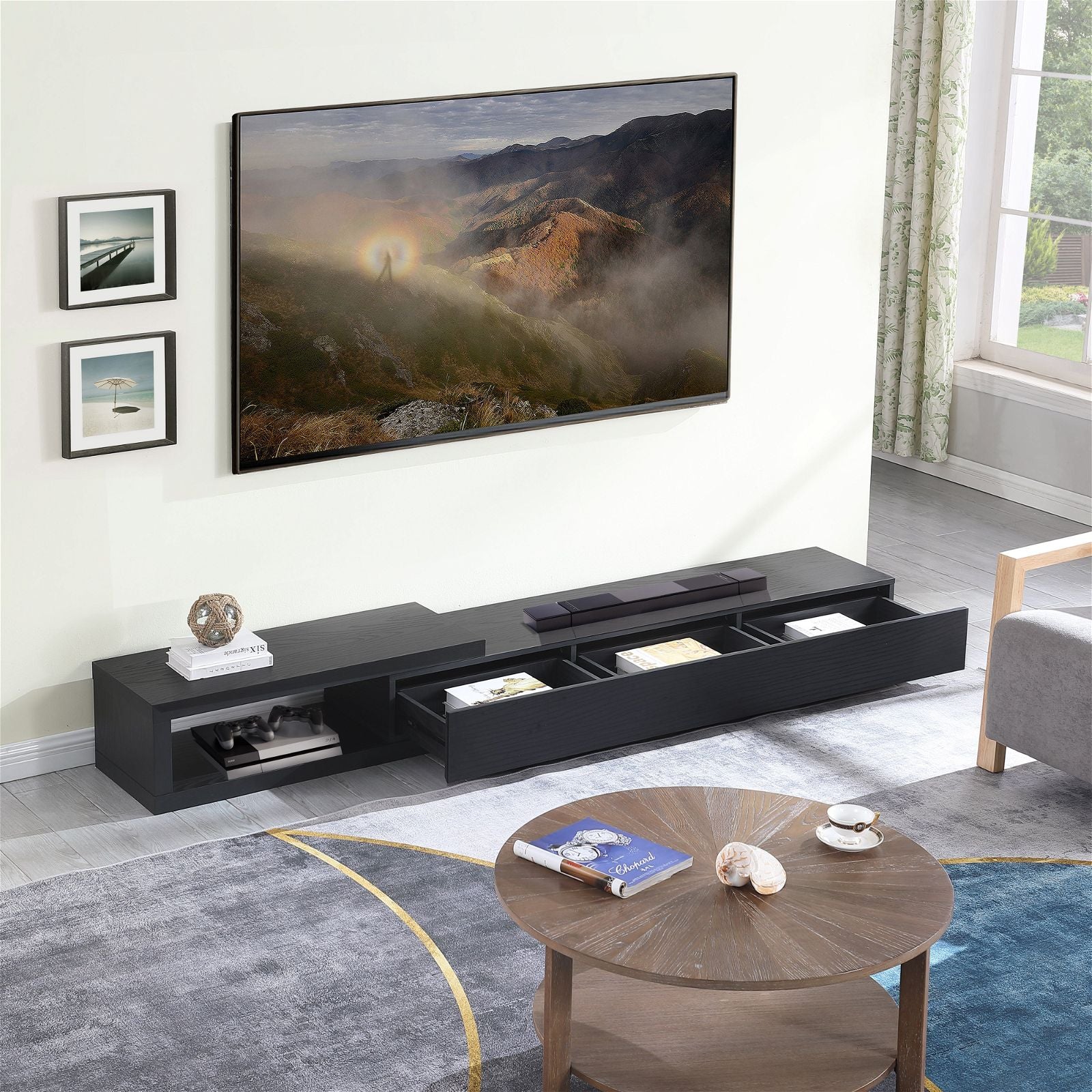 Criterion Durham Extendable TV Stand 260cm - Modern Lowline TV Unit in Black Oak for Living Room & Home Theater Setup