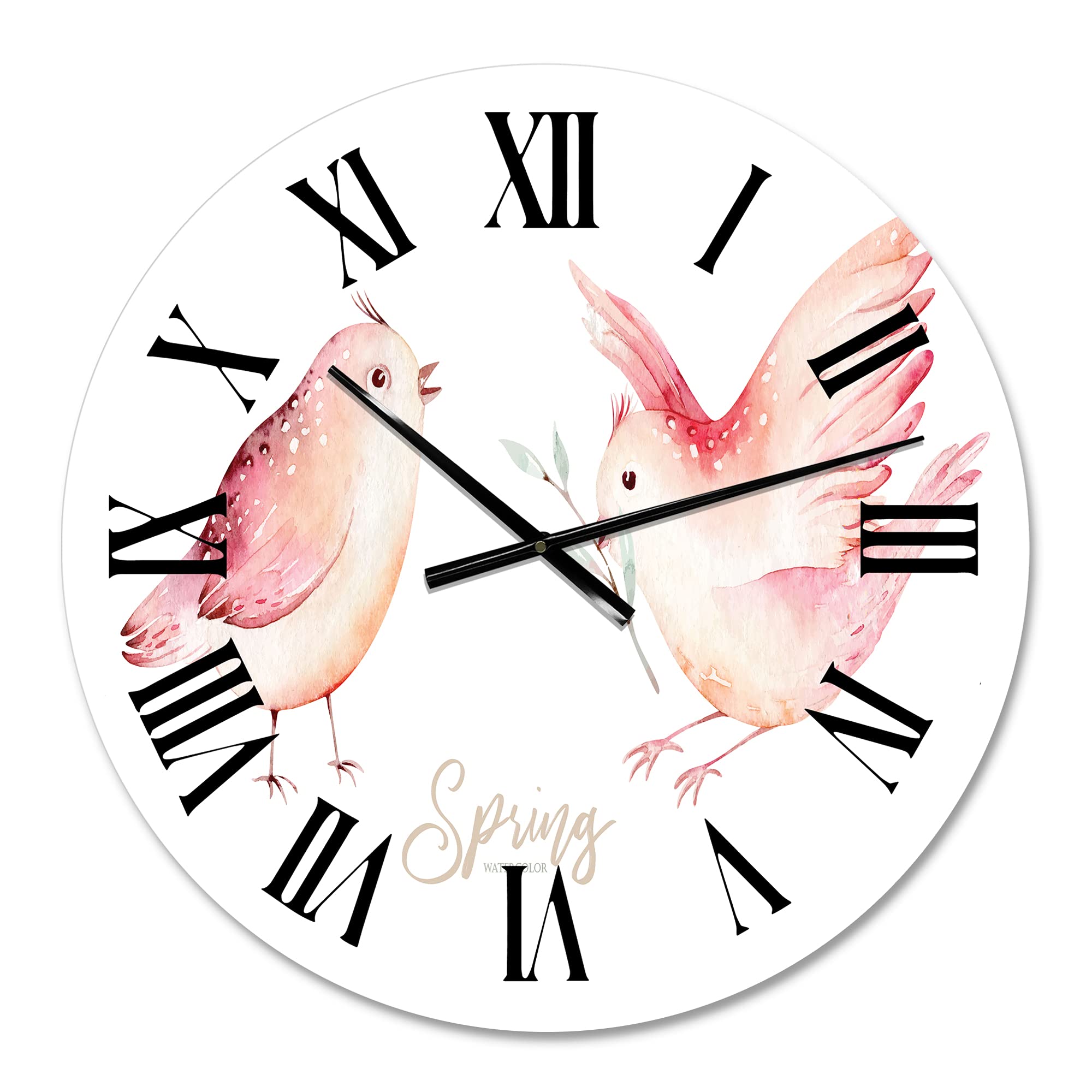 DesignQ Traditional Wall Clock - Spring Bird on Blooming Branch with Green Leaves - Large Decorative Clock for Living Room, Bedroom & Office - Perfect Home Decor & Gift Idea