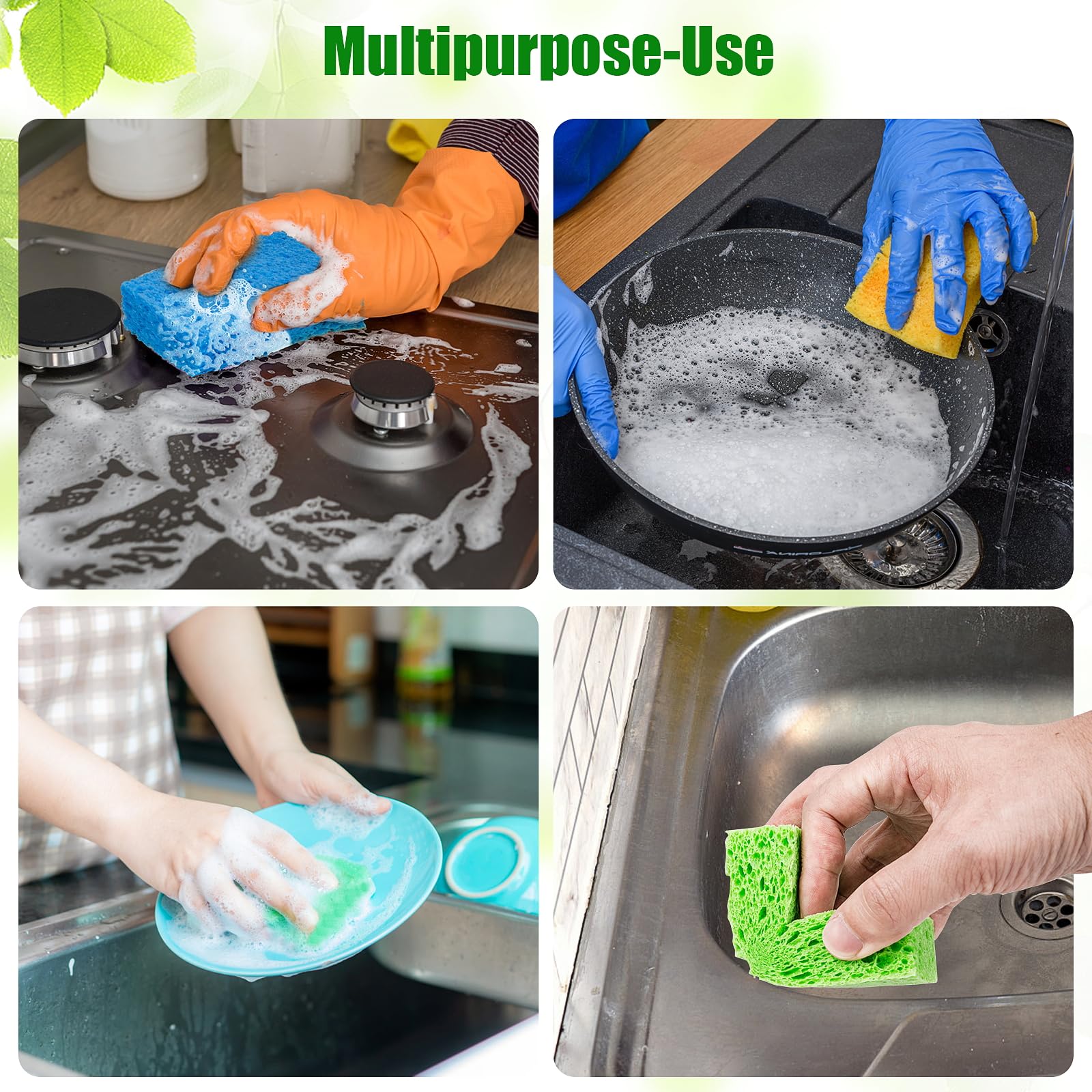 12PCS Premium Non-Scratch Kitchen Sponges - Heavy Duty Dish Washing Scrub Sponges, Multipurpose Cellulose Cleaning Sponges for Sinks, Countertops, Cookware & Utensils