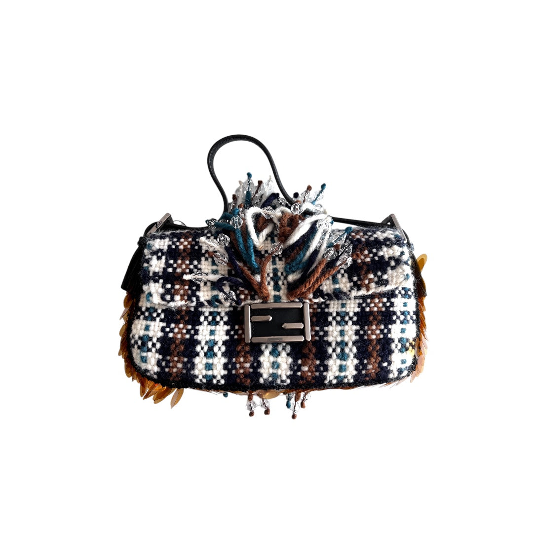 Authentic Fendi Selleria Plaid Tweed Shearling Baguette Bag - Luxury Designer Handbag for Women, Perfect for Parties, Events & Everyday Use