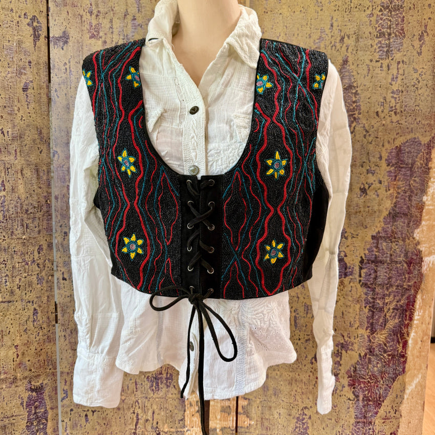 Vintage Double D Ranch Beaded Black Leather Vest for Women - Western Cowgirl Style - Perfect for Rodeo, Concerts & Biker Events
