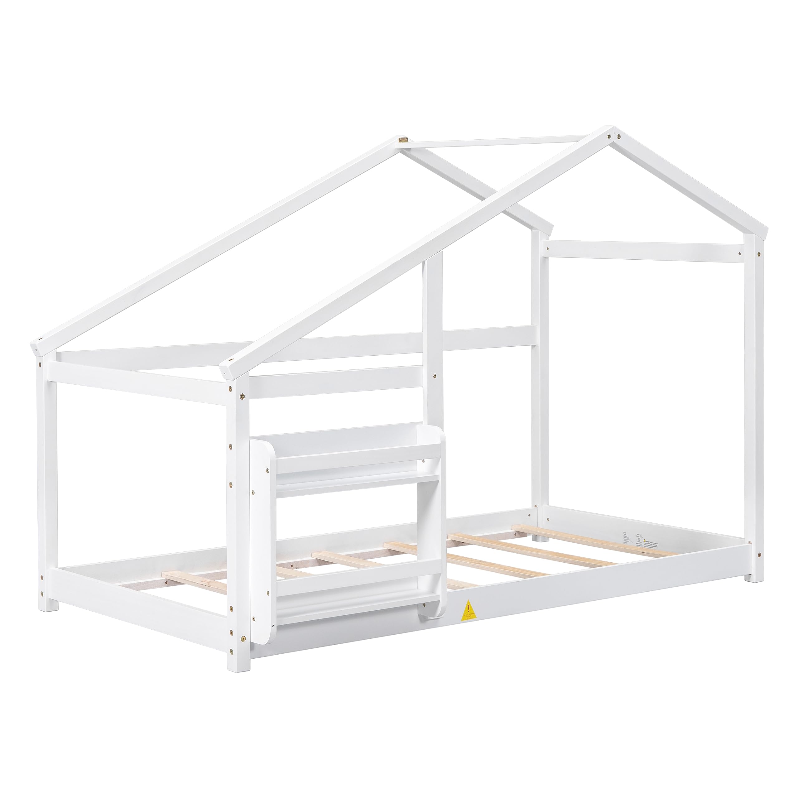 Bellemave Twin Size Wooden House Bed for Kids - Montessori Floor Bed with Built-in Shelf, White - Perfect for Bedrooms, Playrooms & Montessori Learning Spaces