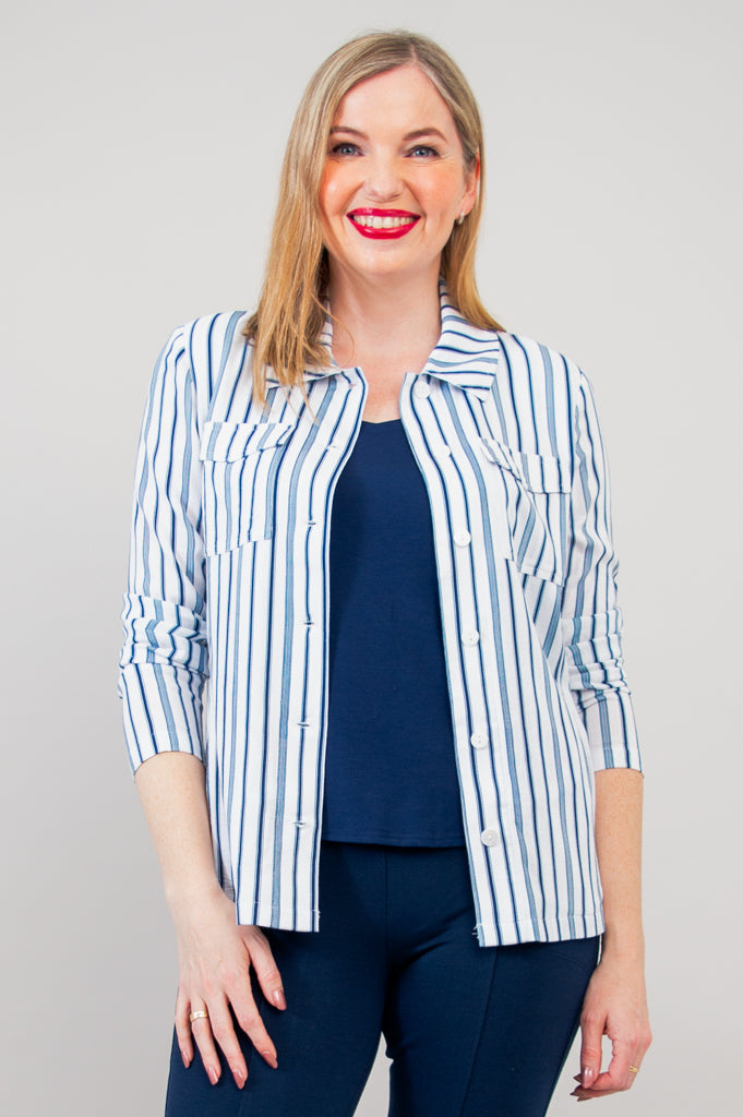 Lauren Jacket for Women - Indigo Stripe Linen Bamboo Blend Lightweight Cardigan - Perfect for Spring, Summer & Casual Office Wear