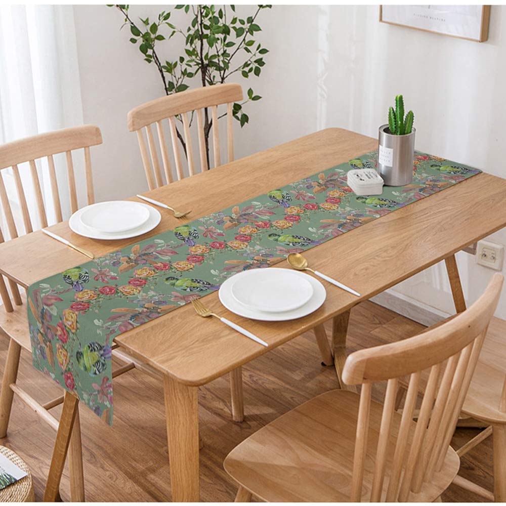 Swono Floral Meadow Table Runner - Watercolor Flowers & Birds Design, Cotton Linen Blend, Non-Slip Kitchen/Dining Decor, 14x72 Inches - Perfect for Coffee Tables, Tea Parties & Formal Dining