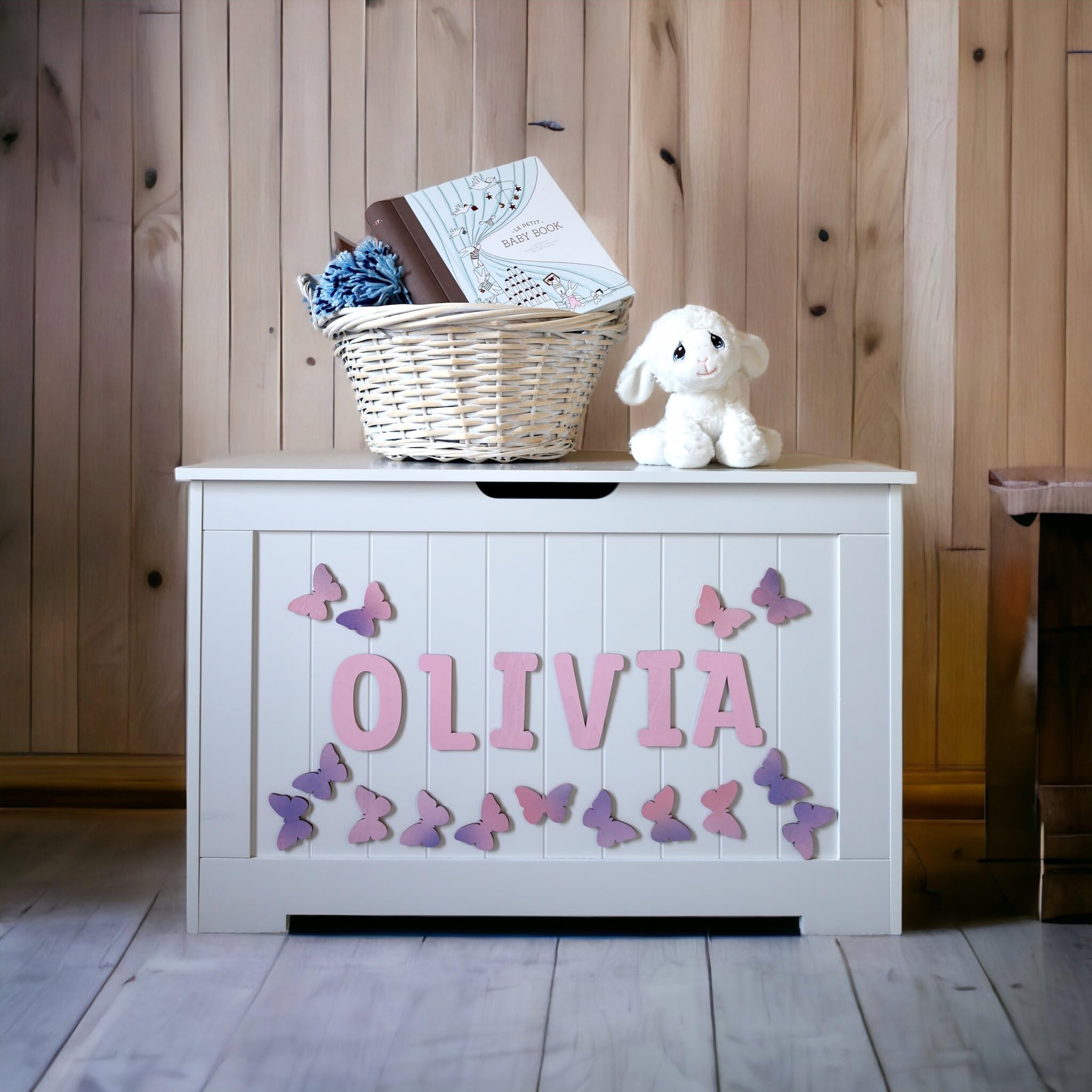 Personalized Wooden Toy Box with Butterfly Decor - Custom Kids Storage Box for Nursery, Playroom & Bedroom Organization