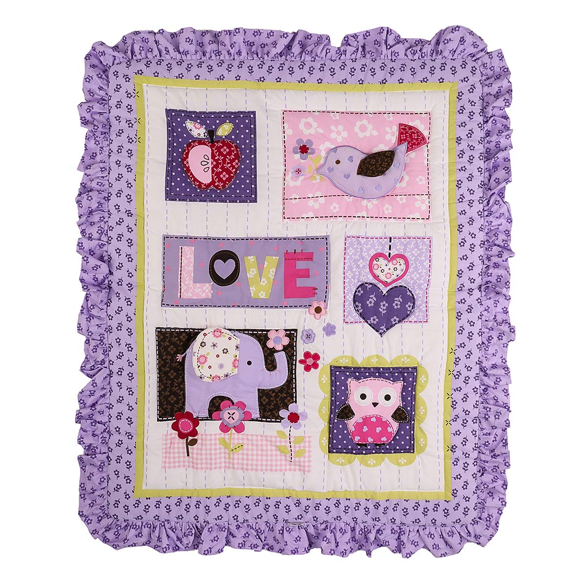 6-Piece Purple Elephant Nursery Crib Bedding Set - Violet Embroidered Elephant Theme Baby Cot Set with Quilt, Fitted Sheet, Skirt, Diaper Bag, Changing Cover & Window Valance (28