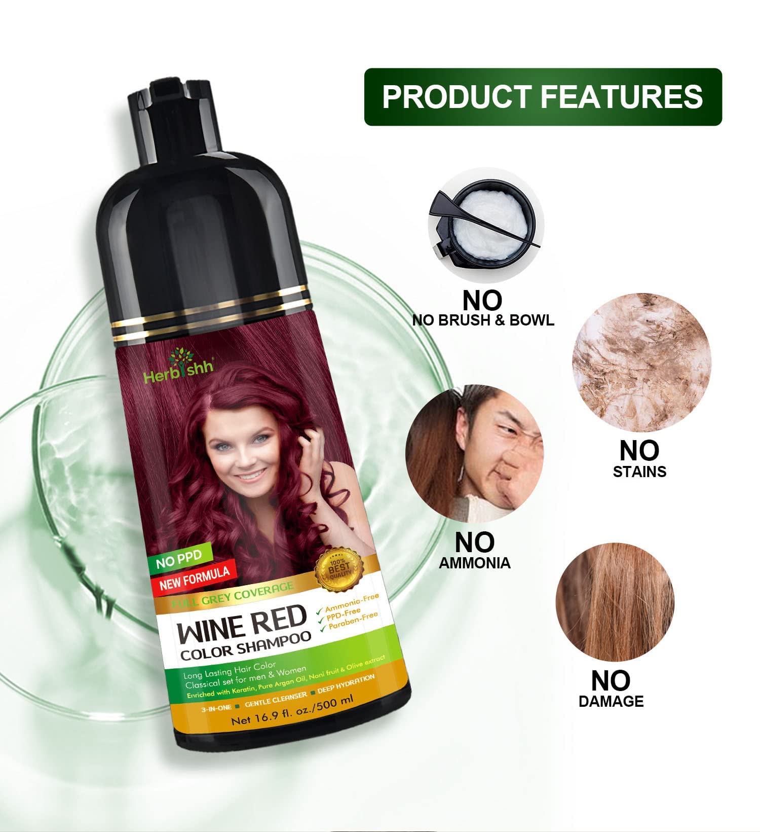 Wine Red Hair Color Shampoo for Gray Hair 500ml + Ginger Hair Growth Shampoo with Deep Sea Salt - Vegan Treatment for Weak & Brittle Hair | At-Home Hair Care Solution for Women & Men