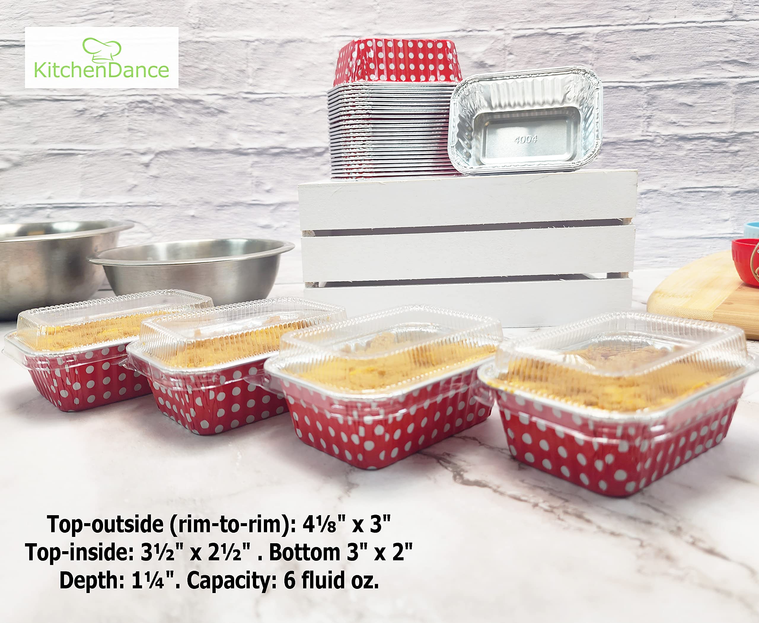KitchenDance 6 oz Disposable Aluminum Mini Loaf Pans - 2000 Pack, Red Polka Dot Design (No Lids) | Perfect for Baking, Meal Prep, Party Favors & Individual Desserts