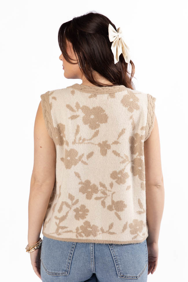 Truly Yours Women's Natural & Taupe Floral Print Sweater Vest - Lightweight Knit Cardigan for Fall & Winter - Perfect for Layering, Office Wear & Casual Outfits