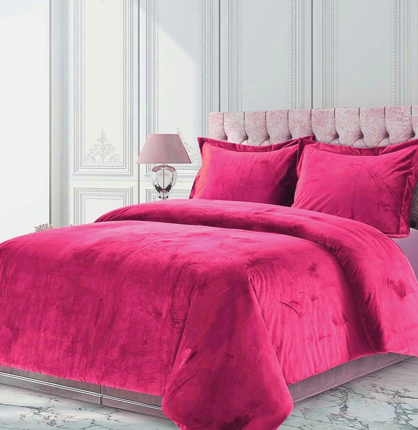 Premium 600 GSM Crinkle Crushed Venice Velvet Oversized King Comforter - Hot Pink 98