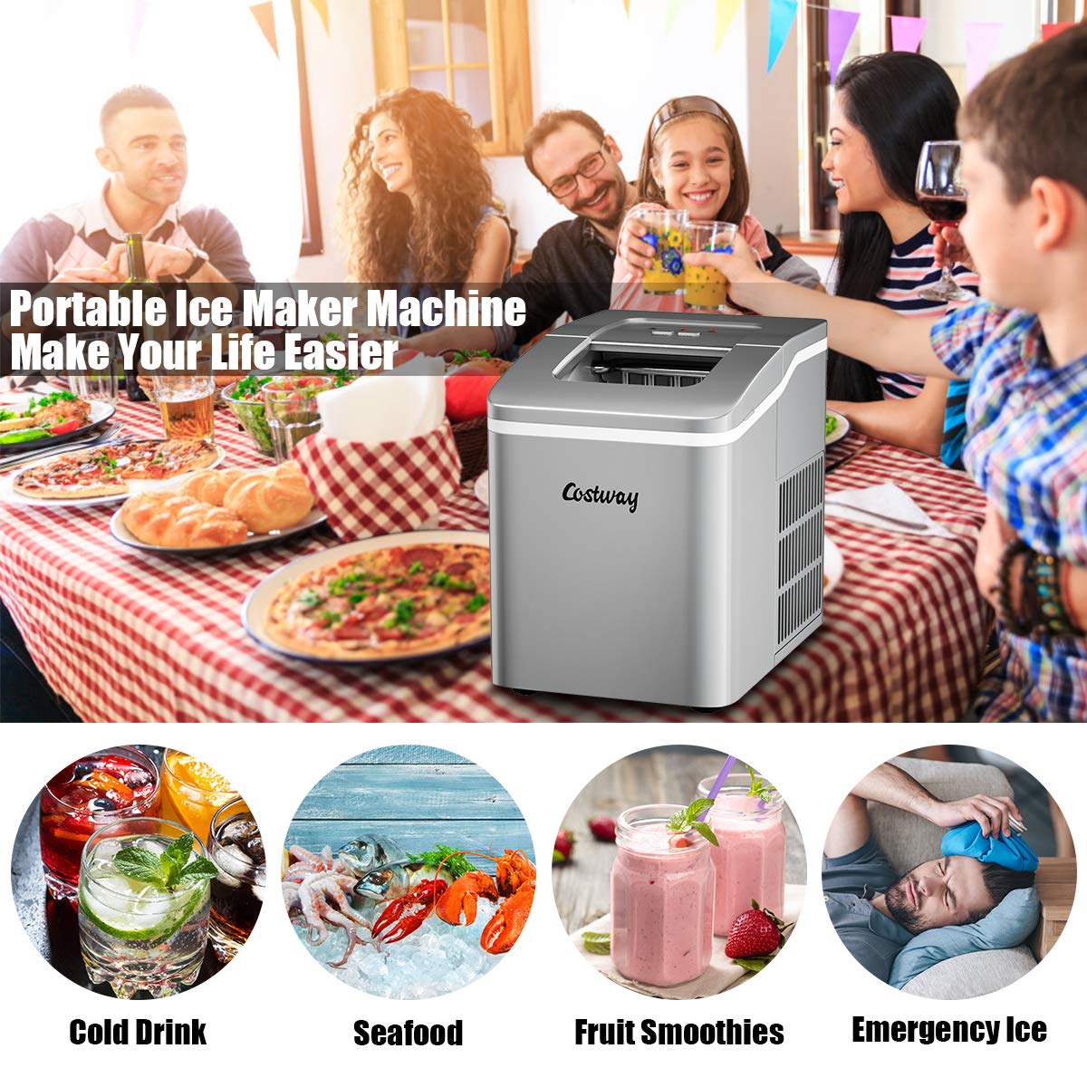 COSTWAY Portable Countertop Ice Maker Machine - 26Lbs/24H Capacity with Self-Cleaning Function, Makes Bullet Ice Cubes in 8 Minutes, Includes Scoop & Removable Basket - Perfect for Home, Office, Parties, Bars, and Outdoor Gatherings (Silver)