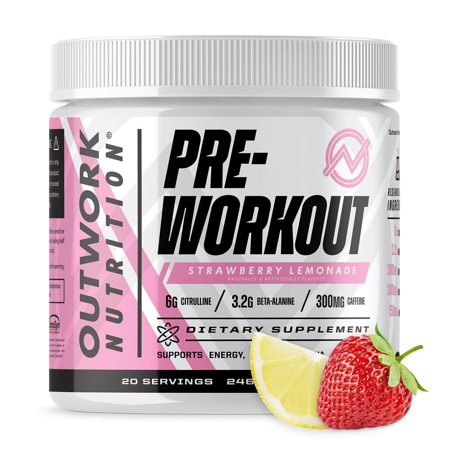 Outwork Nutrition Pre-Workout Powder for Men & Women - Caffeine, Citrulline Malate, Beta Alanine Supplement - No Creatine, with Nootropic Boost from Taurine & Rhodiola - Strawberry Lemonade Flavor - Ideal for Gym, Weightlifting & Energy Before Workouts