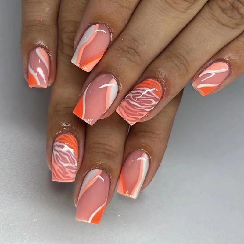Angwis 24pcs Short Square False Nails - Leopard Print Orange & Pink Press On Nails, Full Cover Fake Nails for Women, DIY Nail Art Accessories | Perfect for Parties, Weddings, and Daily Wear