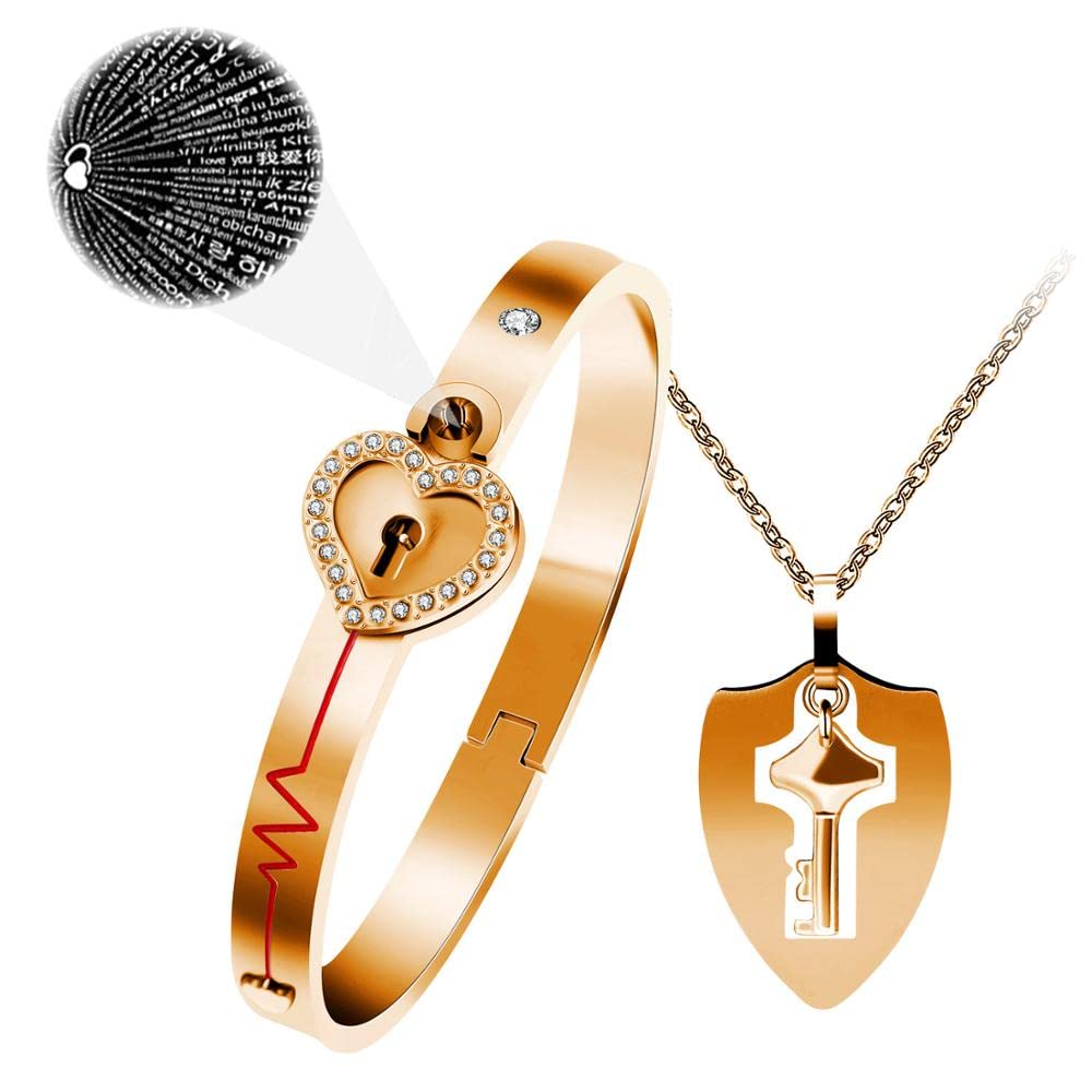 100 Languages I Love You Heartbeat Bangle Bracelet & Shield Key Pendant Necklace Set for Couples - Rose Gold Plated Romantic Gift for Anniversary, Valentine's Day & Wedding