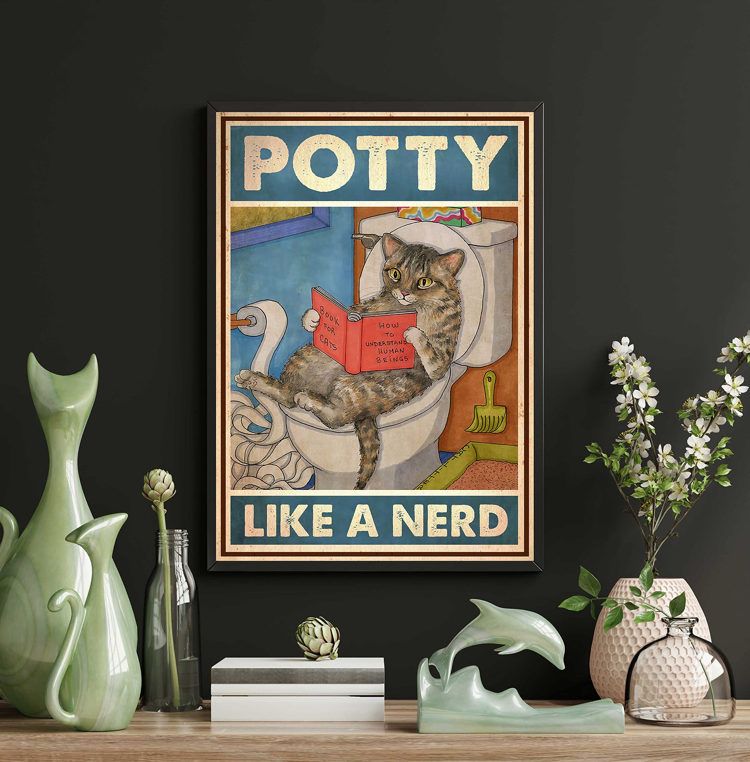 Funny Cat Potty Like A Nerd Canvas Poster - 12x18 Inch Cat Bathroom Wall Art Decor, Unique Gift for Cat Lovers - Perfect for Bathroom, Living Room, or Office Humor Decor