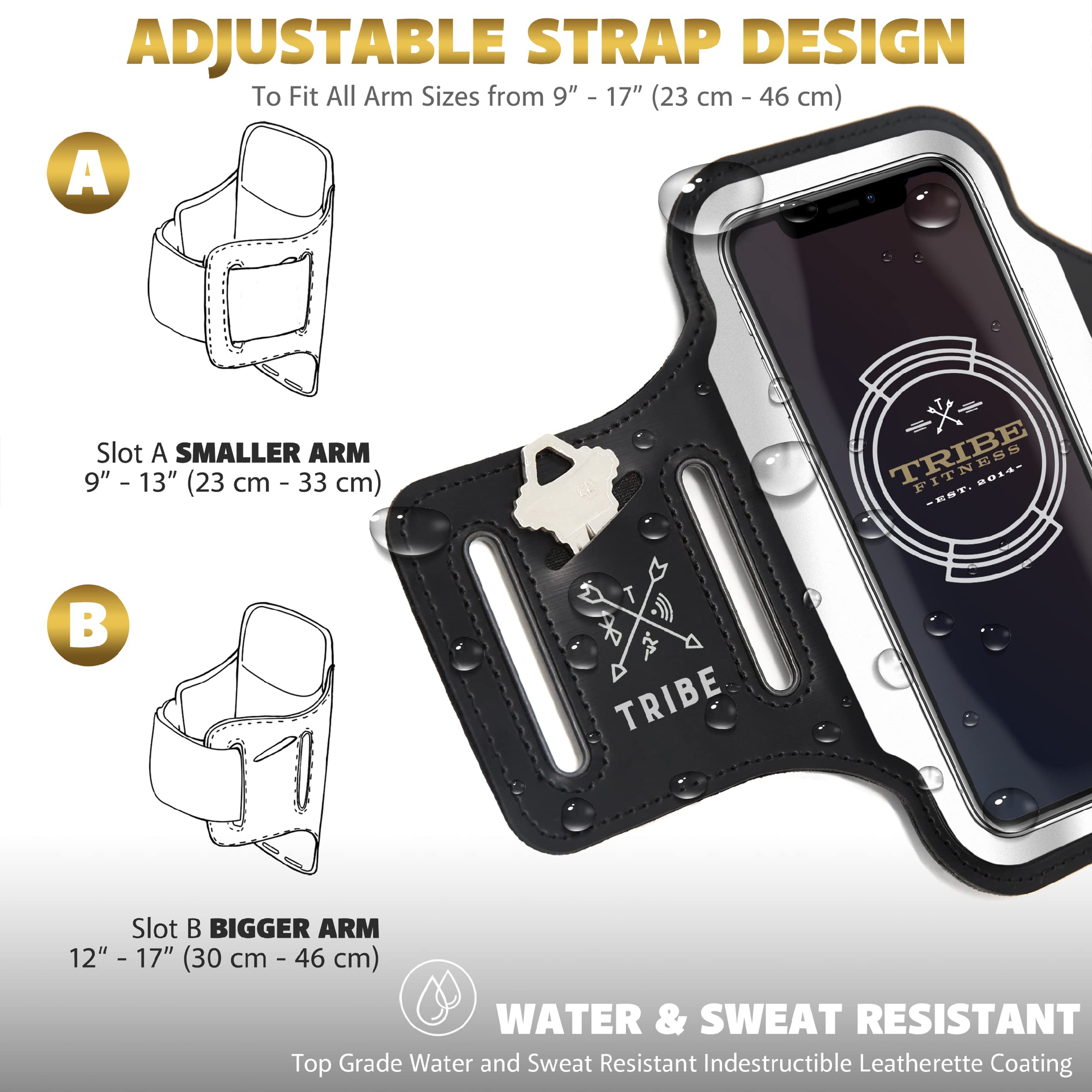TRIBE Running Phone Holder Armband for iPhone & Samsung Galaxy - Adjustable Sports Armband for Men & Women - Perfect for Running, Jogging, Walking, Gym Workouts - Fits All Smartphones with CC/Key Pocket - Ideal for Fitness Enthusiasts & Outdoor Activities