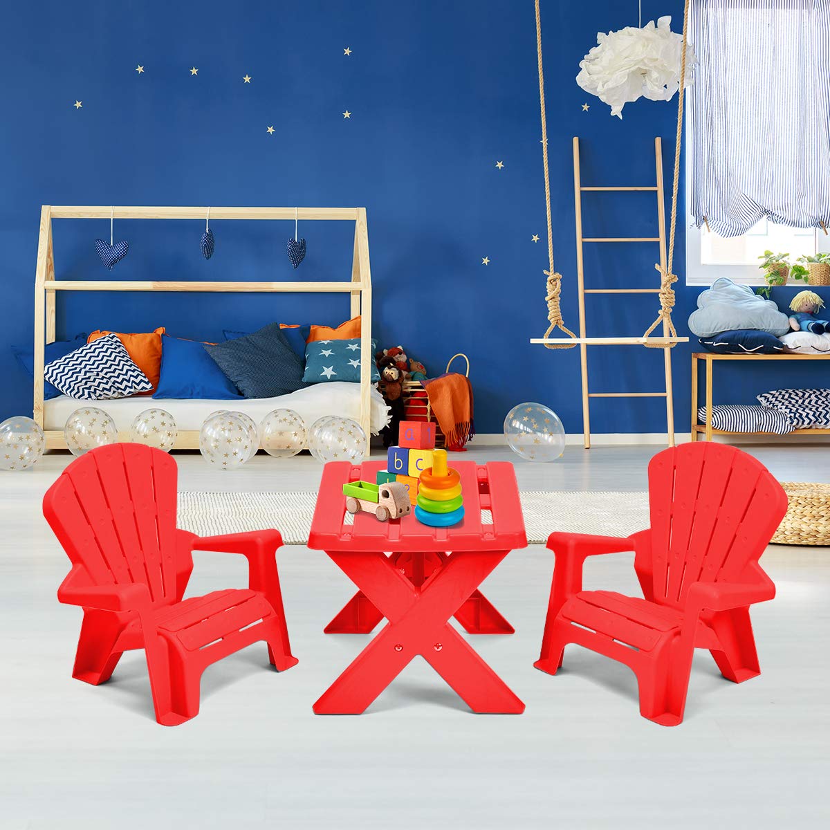Costzon Kids Table and Chair Set - Outdoor Toddler Activity Table with 2 Adirondack Chairs for Picnic, Garden, Patio, Backyard & Beach - Durable Plastic Children's Furniture Set (Red) - Perfect for Outdoor Play, Snack Time, Arts & Crafts