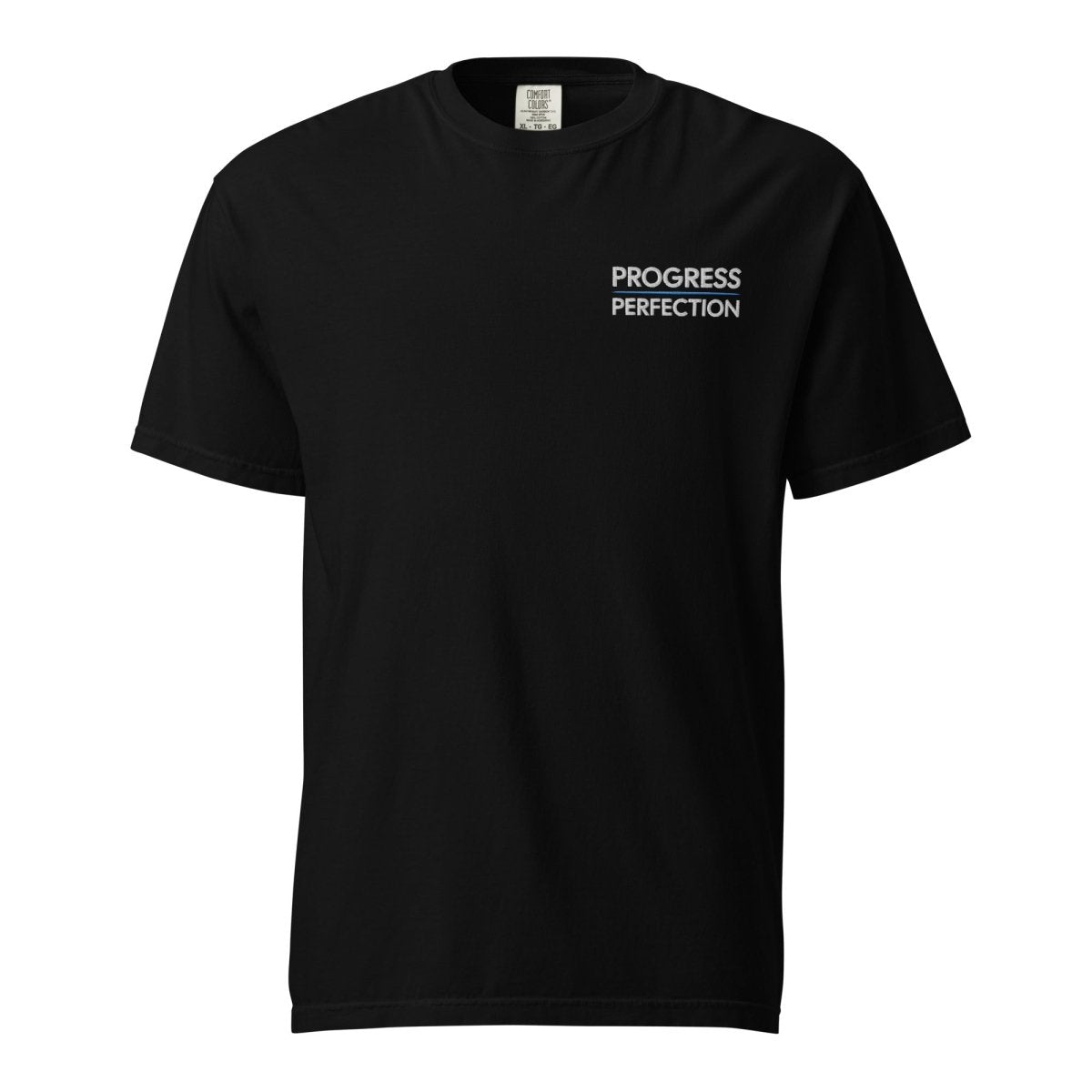 Progress Over Perfection Embroidered Unisex Heavyweight T-Shirt | Distressed Garment-Dyed Cotton Tee | Streetwear & Casual Everyday Wear