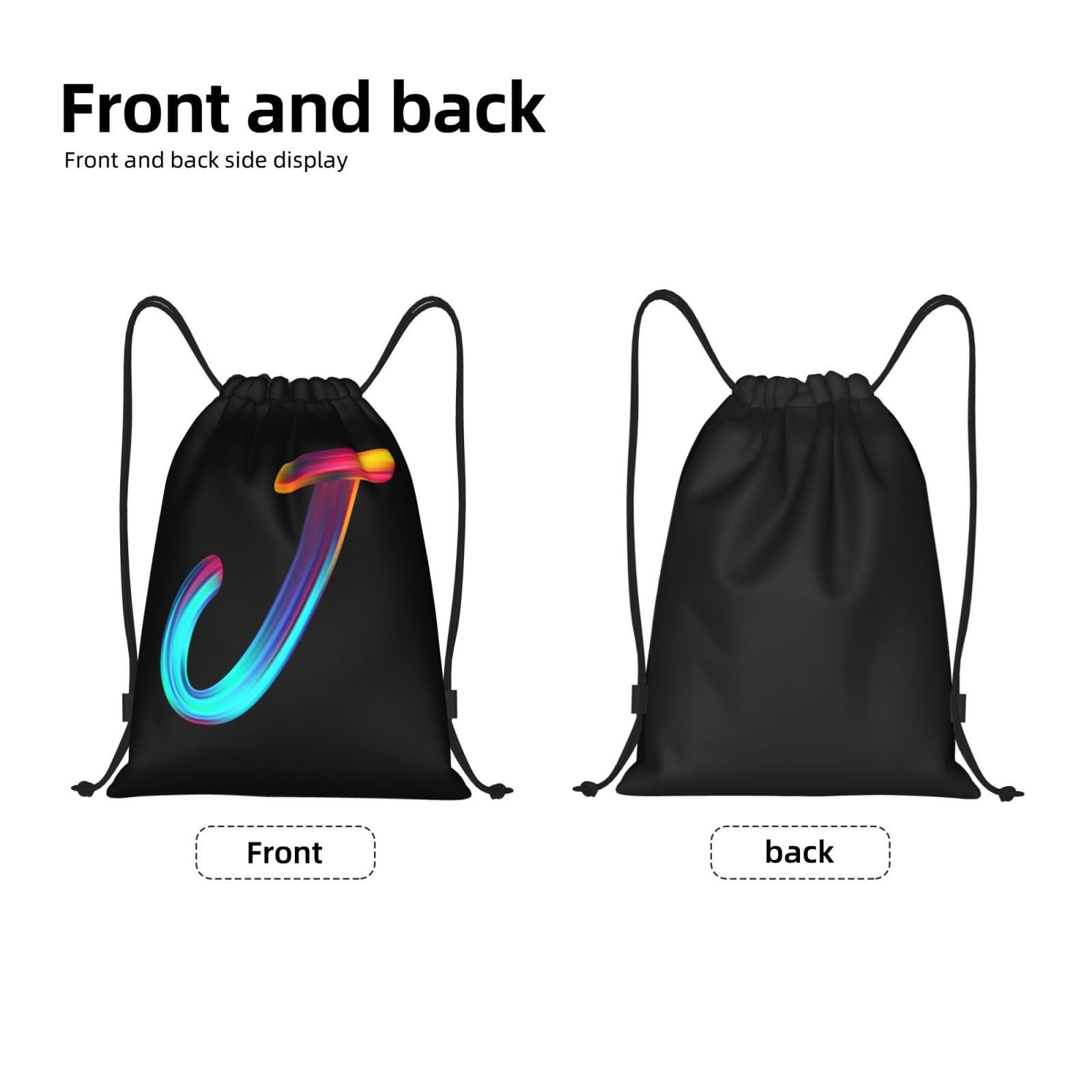 Personalized Initial Drawstring Backpack - Lightweight Black Cinch Sack for Gym, Sports, Travel & Outdoor Activities | Perfect for Swimming, Beach, Camping & School | Custom Rainbow Letter Design