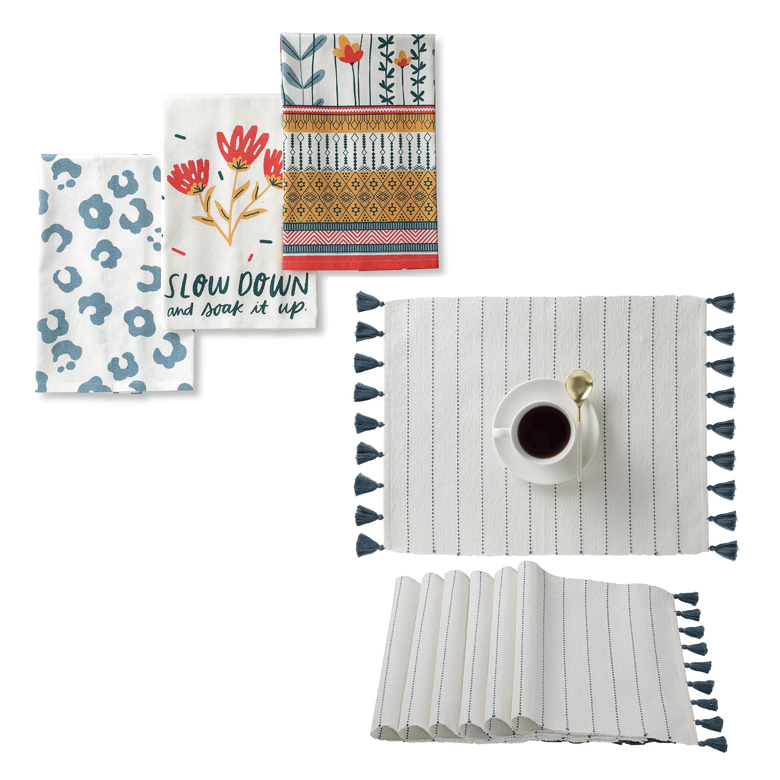 Farmhouse Kitchen Towels & Placemats Set of 6 - Cotton Dishcloths with Hanging Loop, Boho Decoration for Dining Table, Countertop, and Kitchen Decor