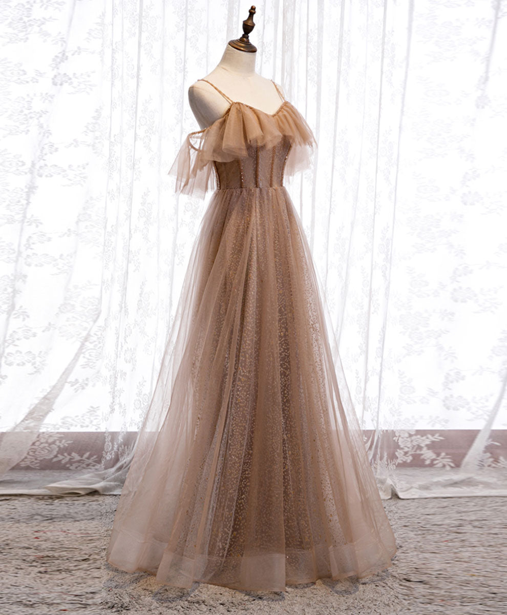 Elegant Champagne Sequin Tulle Long Prom Dress for Evening Gala & Formal Events - Perfect for Homecoming, Wedding, and Special Occasions