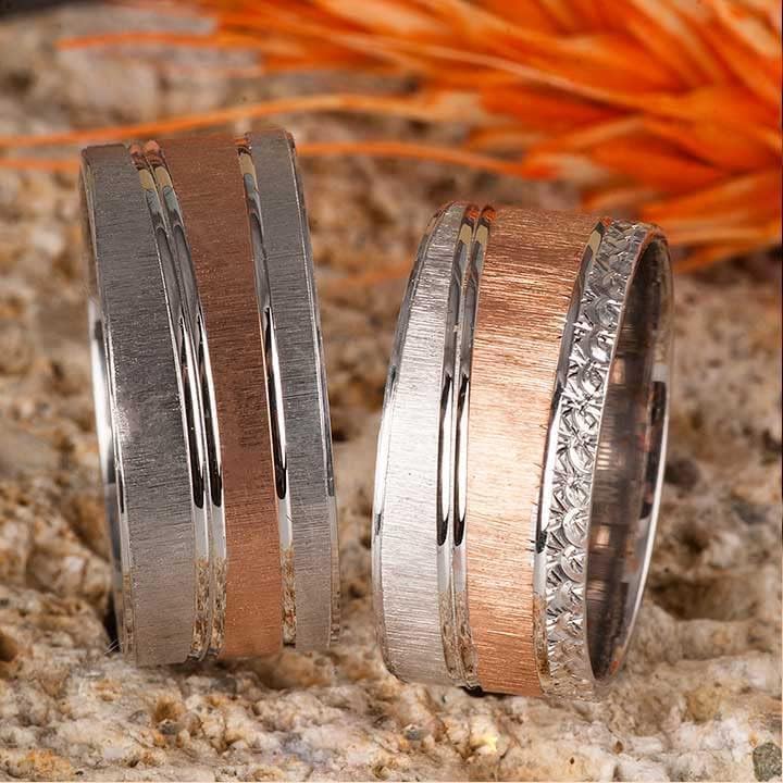 Rose Gold & Silver Matching Wedding Ring Set for Couples - Personalized Engraved Bands for Engagement, Anniversary & Bridal Jewelry Gifts