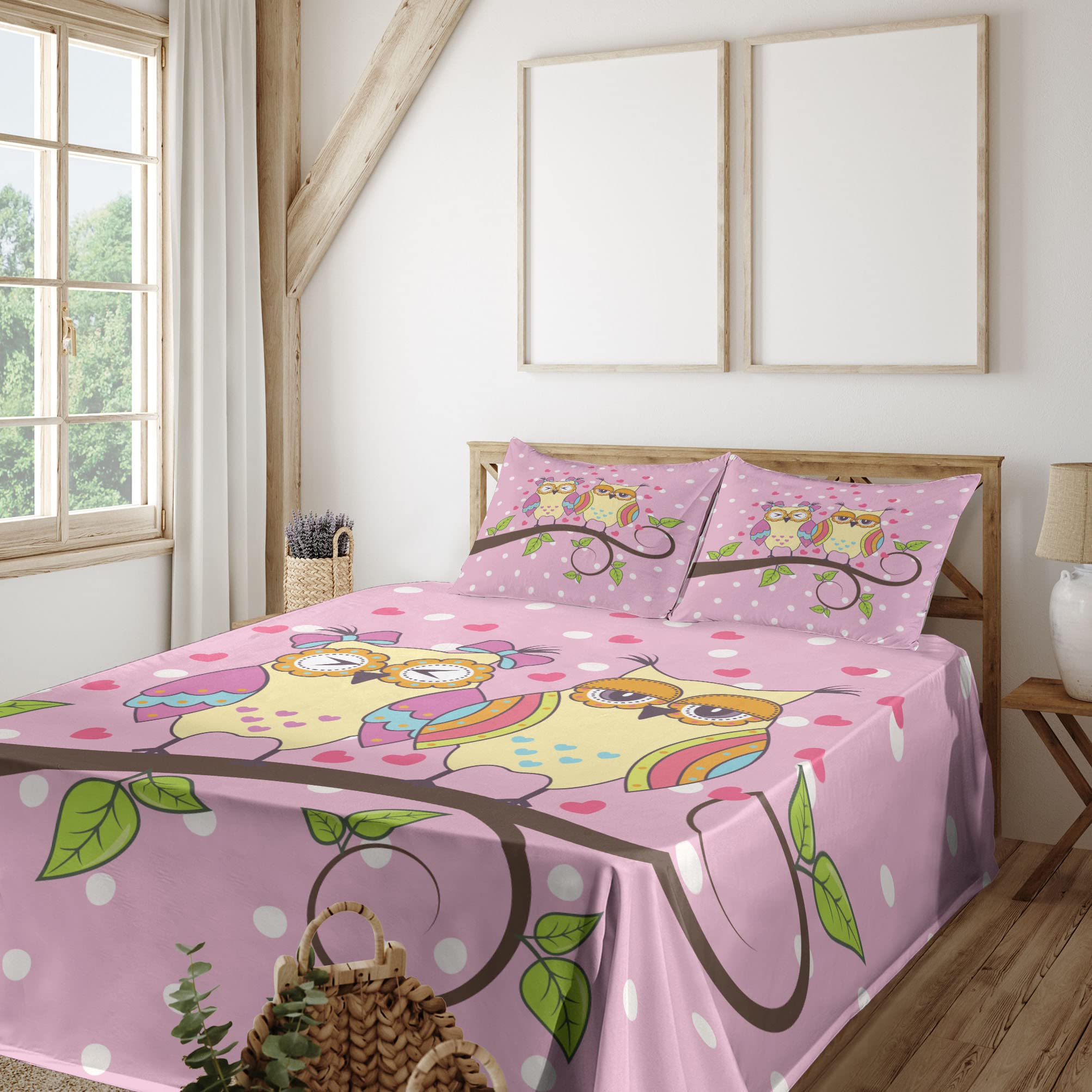 Ambesonne 4-Piece Owl Print Sheet Set - Full Size, Pale Yellow & Apple Green, Fitted & Flat Sheets with Pillowcases - Romantic Owl Couple on Branch with Polka Dots & Hearts Design - Perfect for Cozy Bedrooms, Guest Rooms & Owl-Themed Decor