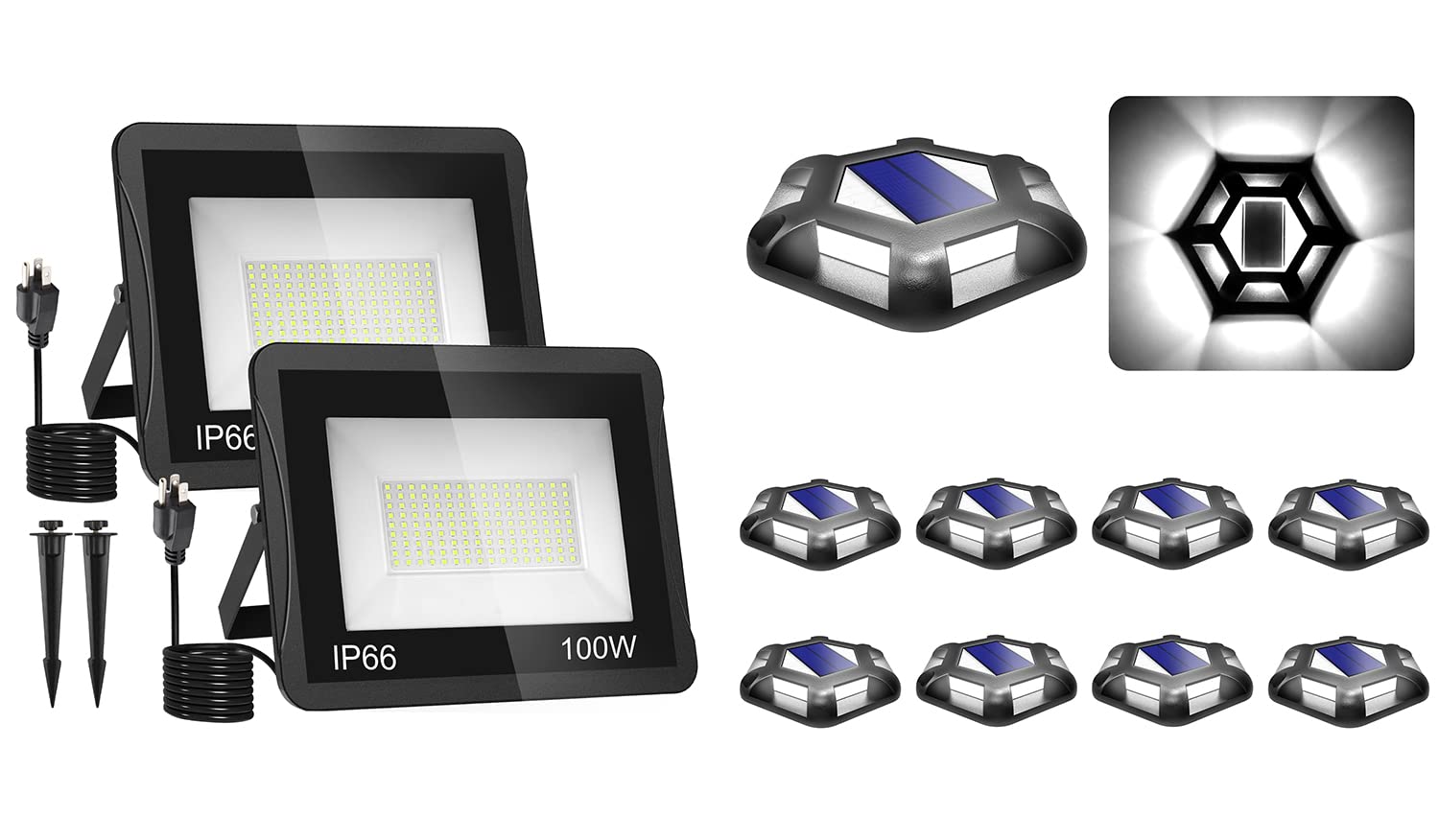 CREPOW 8-Pack Waterproof Solar Dock Lights & 2-Pack 100W LED Flood Lights - IP66 Waterproof, 9000LM, 6000K Daylight White for Driveway, Deck, Garden & Outdoor Lighting