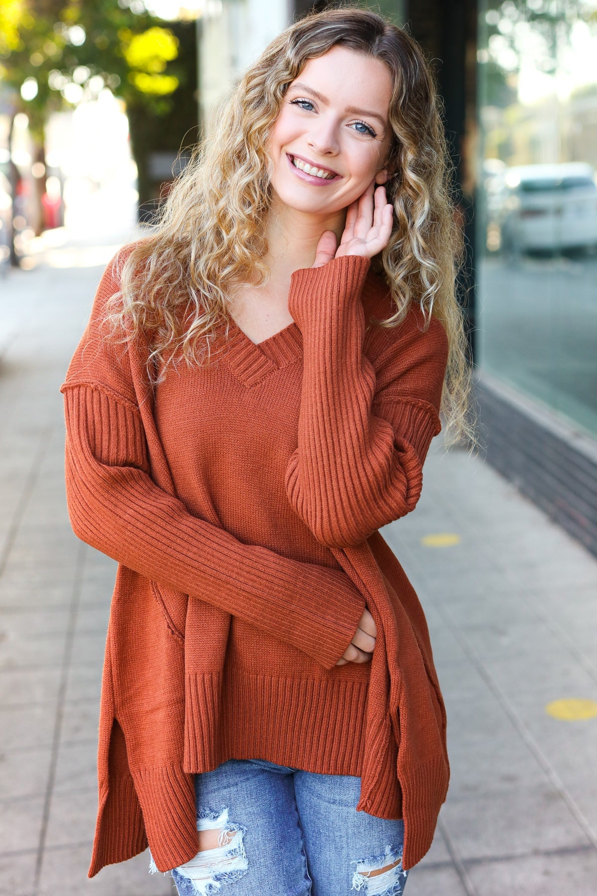 Stylish Rust Oversized V-Neck Rib Knit Sweater for Women | Cozy Fall & Winter Pullover | Perfect for Casual Outings, Date Nights & Office Wear